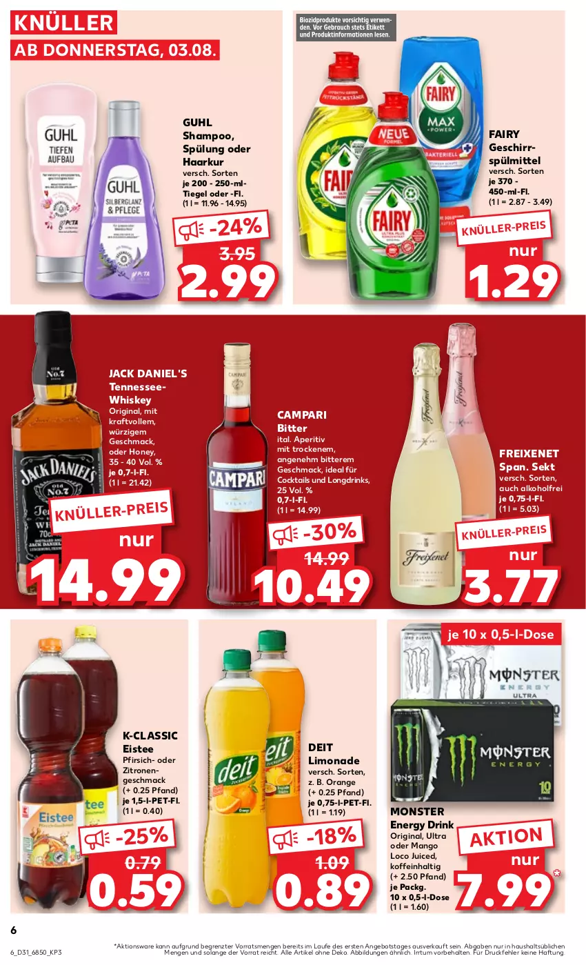 Aktueller Prospekt Kaufland - Prospekt - von 03.08 bis 09.08.2023 - strona 6 - produkty: alkohol, angebot, campari, cocktail, cocktails, deit, drink, drinks, eis, eistee, energy drink, fairy, freixenet, geschirr, geschirrspülmittel, gin, Guhl, jack daniel, jack daniel's, kraft, limo, limonade, mac, mango, monster, Monster Energy, orange, pfirsich, sekt, shampoo, spülmittel, spülung, tee, Ti, whiskey, zitrone, zitronen, ZTE