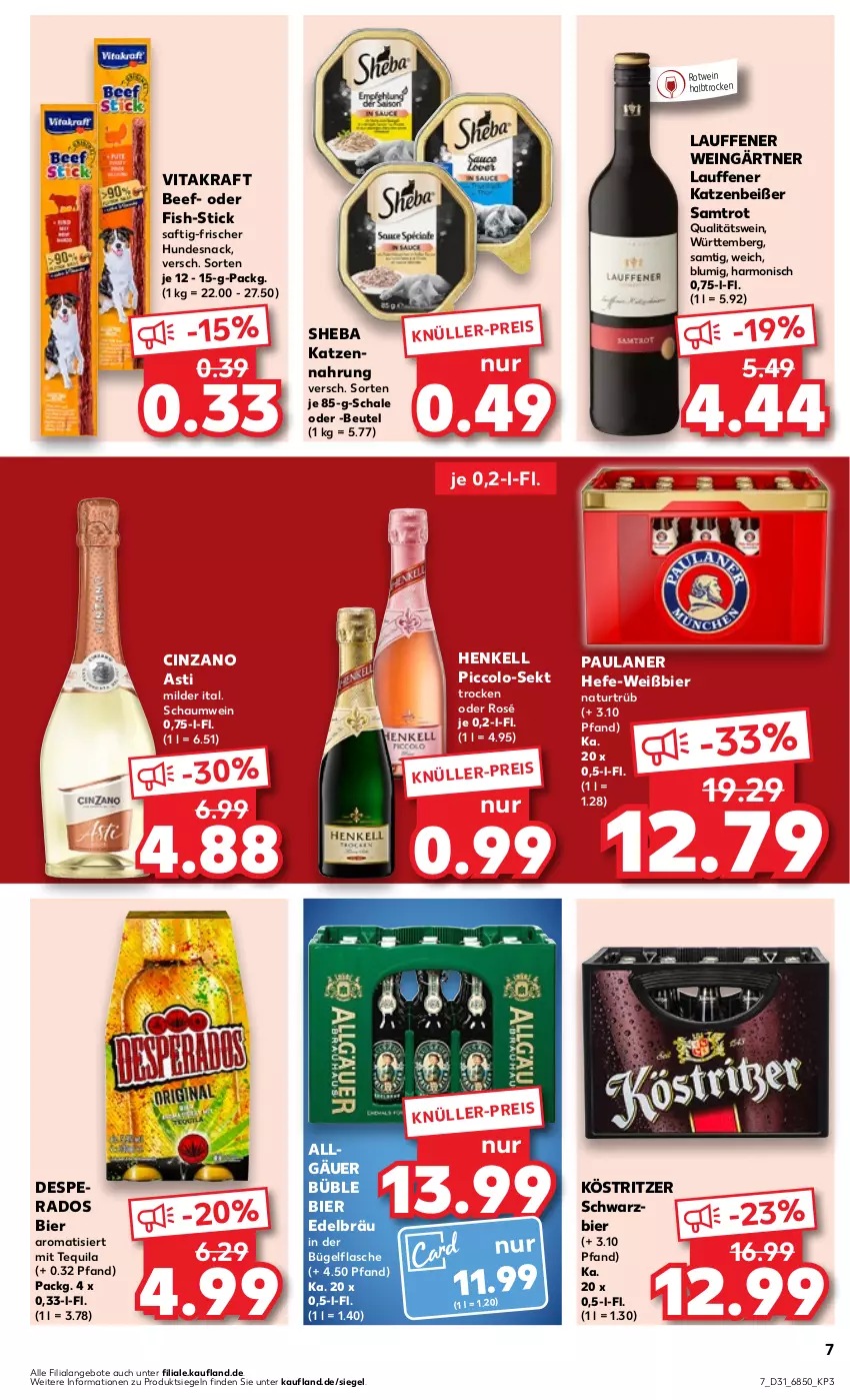 Aktueller Prospekt Kaufland - Prospekt - von 03.08 bis 09.08.2023 - strona 7 - produkty: angebot, angebote, asti, beef, beutel, bier, bügel, bügelflasche, cin, cinzano, Cinzano Asti, desperados, eis, flasche, Hefe, henkel, henkell, hundesnack, katzennahrung, köstritzer, kraft, LG, natur, Paula, paulaner, qualitätswein, rotwein, saft, Schal, Schale, sekt, sheba, snack, tequila, Ti, vita, vitakraft, wein