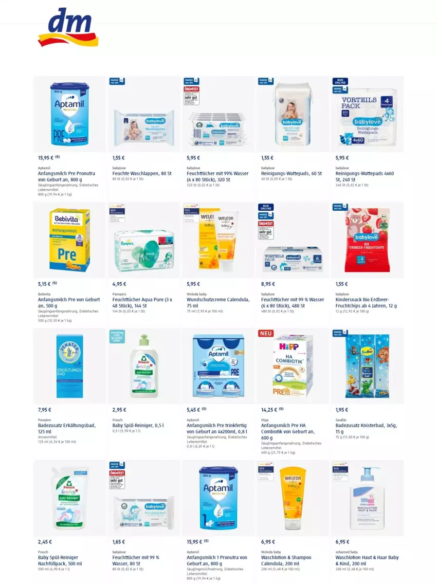 Aktueller Prospekt Dm Drogerie - Prospekte - von 30.12.2022 bis 05.01.2023 - strona 8 - produkty: aqua, Baby Wundschutzcreme, Babylove, Bad, bio, Calendula, chips, creme, Erkältungs, Erkältungsbad, feuchttücher, Frosch, frucht, hipp, Kinder, lebensmittel, Lotion, milch, pampers, reiniger, Reinigung, Schutzcreme, sebamed, shampoo, snack, Ti, tisch, tücher, waschlappen, Waschlotion, wasser, wattepads, weleda