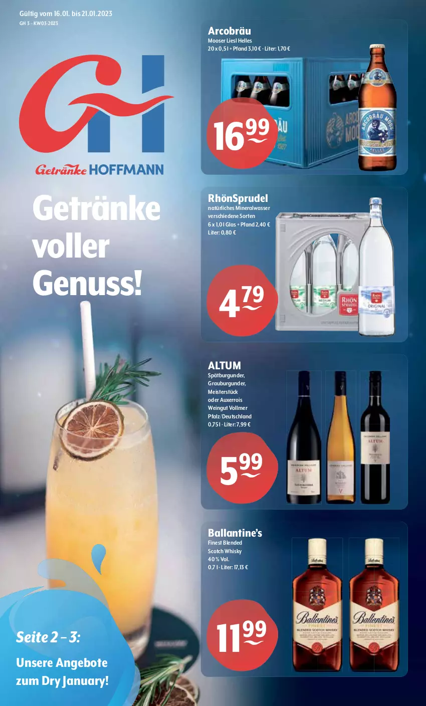 Aktueller Prospekt Getraenke Hoffmann - Prospekte - von 16.01 bis 21.01.2023 - strona 1 - produkty: Alwa, angebot, angebote, ball, blended scotch, blended scotch whisky, burgunder, eis, elle, getränk, getränke, grauburgunder, Meister, mineralwasser, natürliches mineralwasser, nuss, RhönSprudel, scotch, scotch whisky, spätburgunder, Sprudel, Ti, wasser, wein, whisky