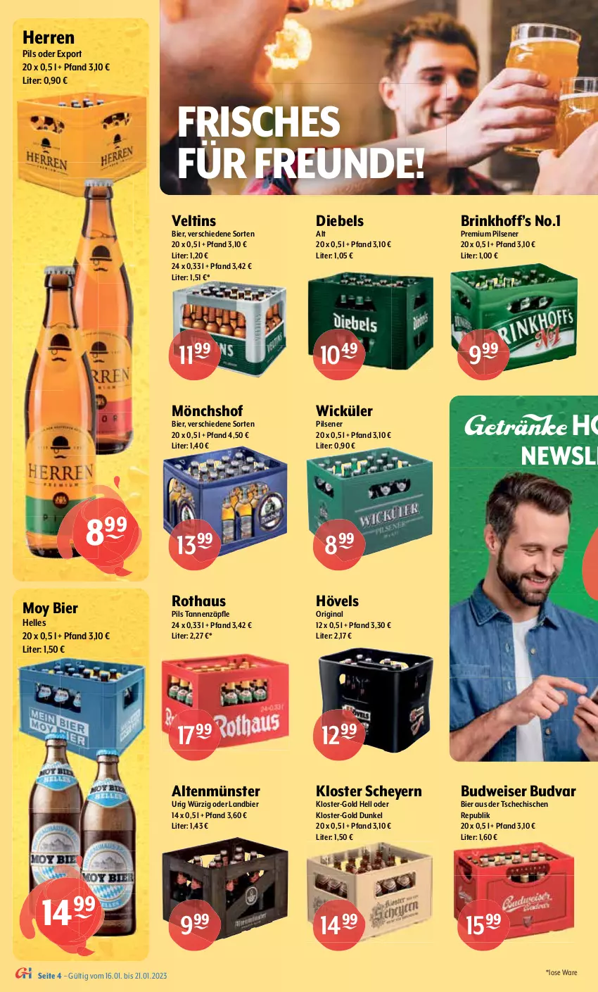 Aktueller Prospekt Getraenke Hoffmann - Prospekte - von 16.01 bis 21.01.2023 - strona 4 - produkty: alkohol, Altenmünster, angebot, Astra, Berger, bier, bitburger, budweiser, burger, diebels, eis, elle, gin, Guinness, LG, mönchshof, Moy Bier, oder radler, oettinger, pils, pilsener, pilsner, premium pils, radeberger, radler, Ti, veltins, WICK