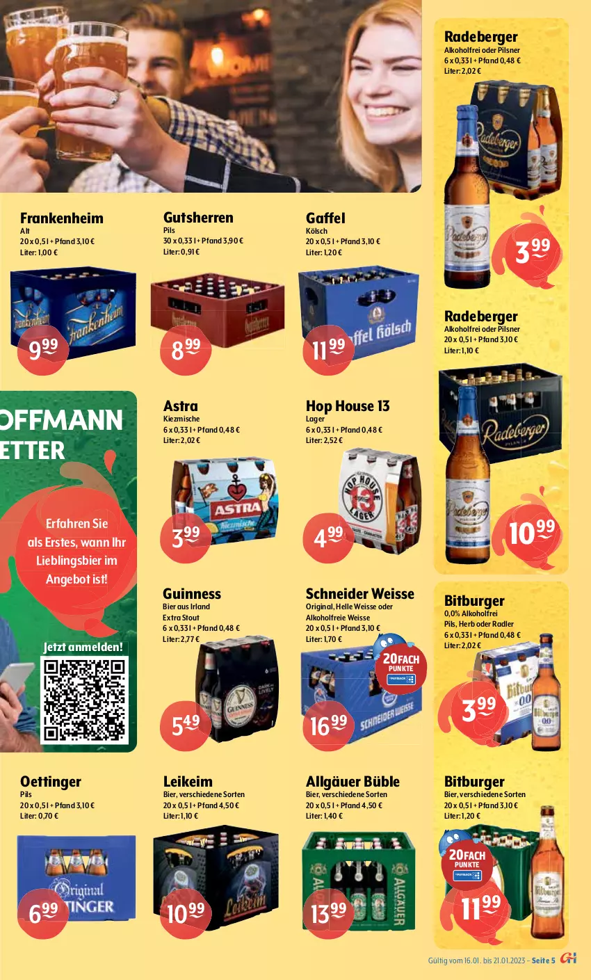 Aktueller Prospekt Getraenke Hoffmann - Prospekte - von 16.01 bis 21.01.2023 - strona 5 - produkty: alkohol, Altenmünster, angebot, Astra, Berger, bier, bitburger, budweiser, burger, diebels, eis, elle, gin, Guinness, LG, mönchshof, Moy Bier, oder radler, oettinger, pils, pilsener, pilsner, premium pils, radeberger, radler, Ti, veltins, WICK