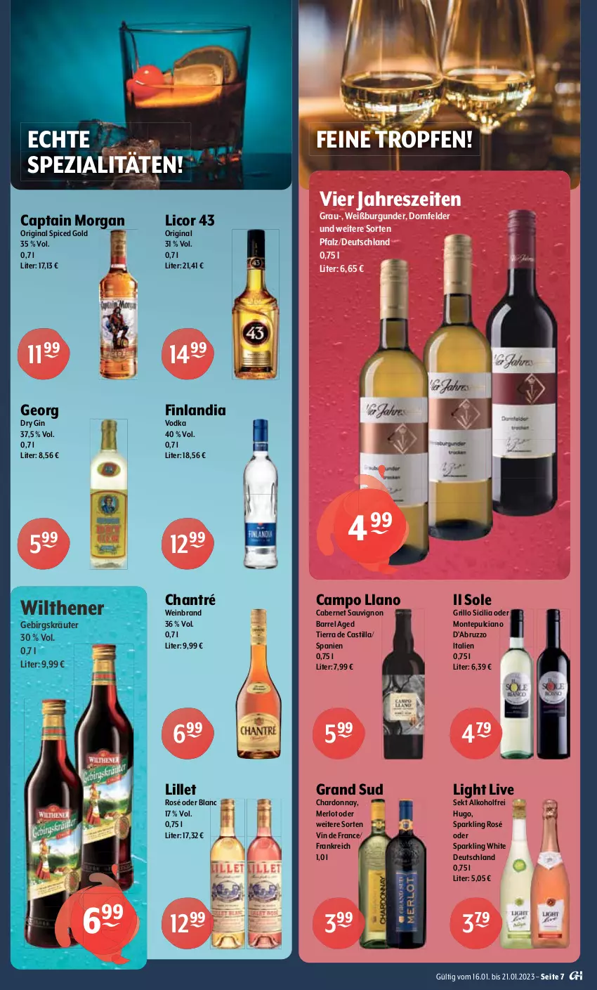 Aktueller Prospekt Getraenke Hoffmann - Prospekte - von 16.01 bis 21.01.2023 - strona 7 - produkty: alkohol, Alwa, amecke, asti, burgunder, cabernet, cabernet sauvignon, Cap, capri-sun, captain morgan, chantré, chardonnay, dornfelder, dry gin, elle, frucht, gerolsteine, gerolsteiner, gin, ginger, grand sud, granini, grill, grillo, hugo, kräuter, licor, licor 43, lillet, limo, merl, merlot, mineralwasser, monte, Montepulciano, natur, natürliches mineralwasser, original spiced gold, red bull, rel, sauvignon, schorle, sekt, Spezi, Staatl. Fachingen, steiner, thomas henry, Ti, tonic, vin de france, vodka, wasser, wein, weinbrand, Weißburgunder, Wild, wild berry, wilthener