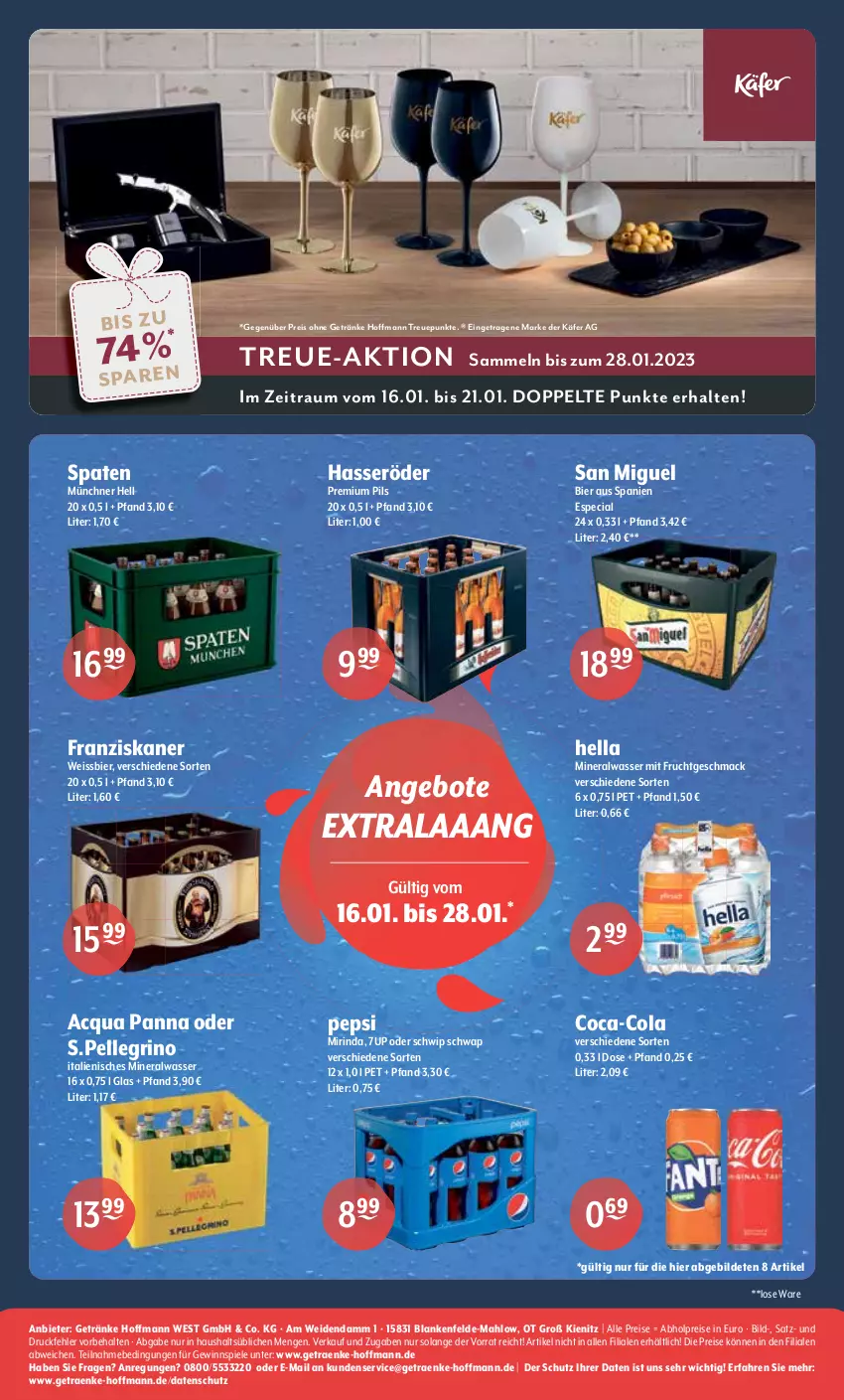 Aktueller Prospekt Getraenke Hoffmann - Prospekte - von 16.01 bis 21.01.2023 - strona 8 - produkty: 7UP, abholpreise, Alwa, angebot, angebote, bier, coca-cola, cola, eis, elle, franziskaner, frucht, getränk, getränke, gewinnspiel, hasseröder, hella, käfer, mac, mineralwasser, Mirinda, mit frucht, payback, pepsi, pils, premium pils, reis, rind, Schwip Schwap, Spaten, Spiele, Ti, wasser, weissbier