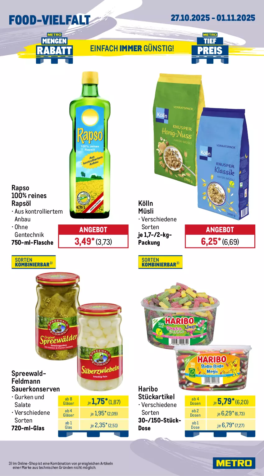 Aktueller Prospekt Metro - Wochen-Angebote - von 27.10 bis 01.11.2025 - strona 13 - produkty: angebot, auer, Bau, bratwurst, brötchen, burger, eis, ente, flasche, getränk, getränke, Gläser, gurke, gurken, haribo, heinz, hot dog, ketchup, kölln, Konserven, küche, Küchen, küchentücher, müsli, Palette, rapso, rapsöl, reines rapsöl, reis, rum, salat, salate, sauce, saucen, Ti, tomato ketchup, trolli, tücher, wurst