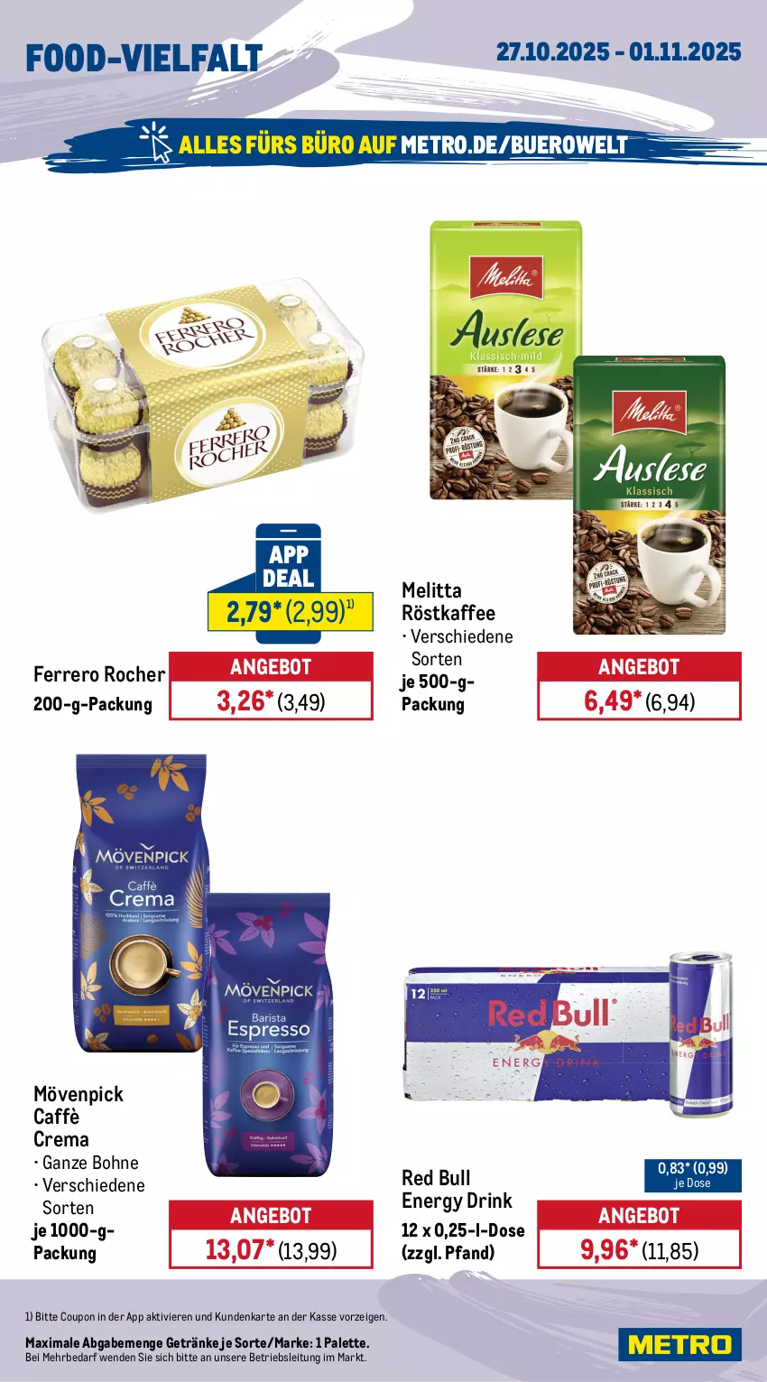 Aktueller Prospekt Metro - Wochen-Angebote - von 27.10 bis 01.11.2025 - strona 15 - produkty: angebot, bohne, caffè crema, coupon, drink, energy drink, ferrero, Ferrero Rocher, getränk, getränke, kaffee, lindor, lindt, melitta, Metro, mövenpick, Palette, red bull, röstkaffee, Ti