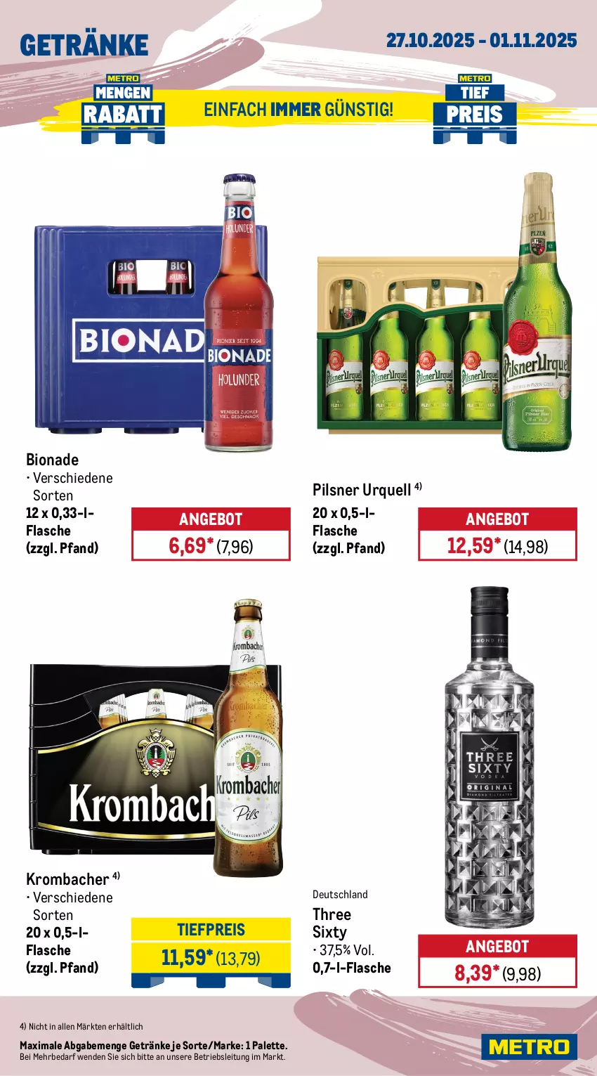 Aktueller Prospekt Metro - Wochen-Angebote - von 27.10 bis 01.11.2025 - strona 16 - produkty: angebot, beere, beeren, bio, bionade, brut, cuvée, de blancs, eis, flasche, frucht, getränk, getränke, Gläser, kirsch, kirsche, kirschen, krombache, krombacher, mit frucht, Palette, perla, pfeffer, pfirsich, pils, pilsner, pilsner urquell, primitivo, reis, Three Sixty, Ti, tiefpreis, zonin