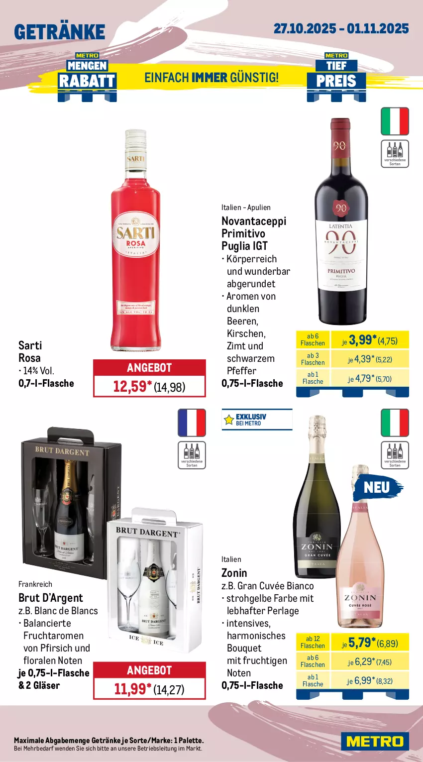 Aktueller Prospekt Metro - Wochen-Angebote - von 27.10 bis 01.11.2025 - strona 17 - produkty: angebot, beere, beeren, bio, bionade, brut, cuvée, de blancs, eis, flasche, frucht, getränk, getränke, Gläser, kirsch, kirsche, kirschen, krombache, krombacher, mit frucht, Palette, perla, pfeffer, pfirsich, pils, pilsner, pilsner urquell, primitivo, reis, Three Sixty, Ti, tiefpreis, zonin