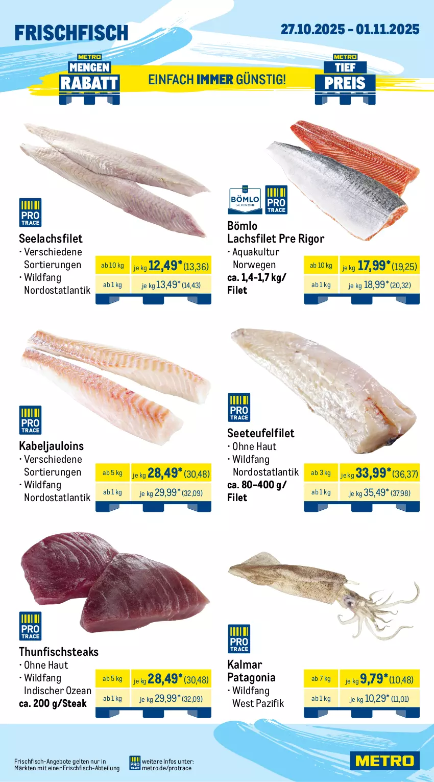 Aktueller Prospekt Metro - Wochen-Angebote - von 27.10 bis 01.11.2025 - strona 5 - produkty: Abtei, angebot, angebote, aqua, eis, filet, fisch, fleisch, frischfisch, lachs, lachsfilet, Metro, rwe, schwein, schweine, schweinefilet, schweinenacken, schweinerücken, seelachsfilet, steak, steaks, thunfisch, Ti, wein, weine, Wild