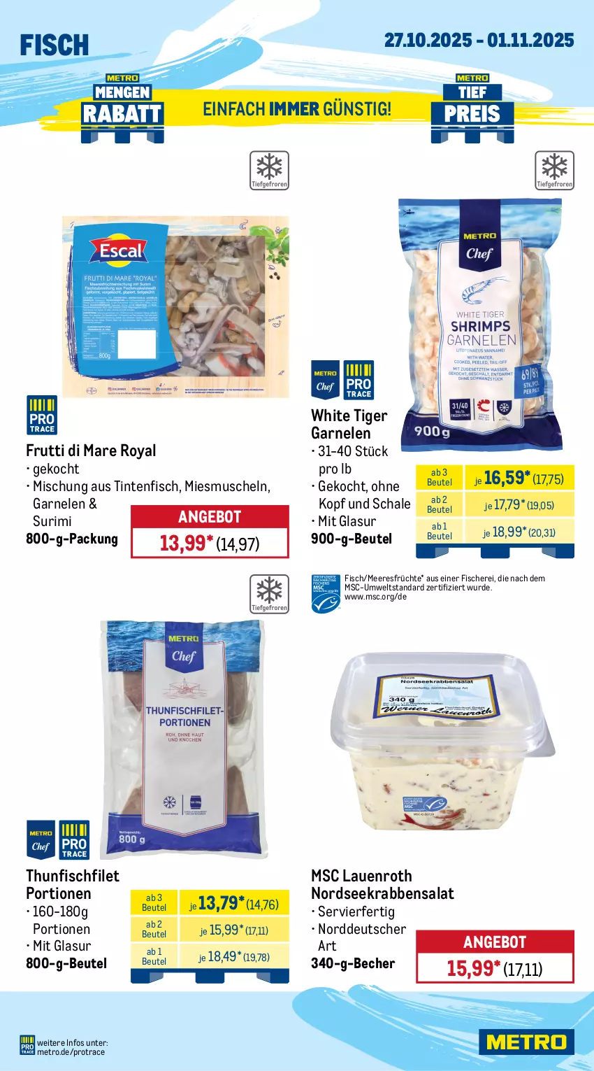 Aktueller Prospekt Metro - Wochen-Angebote - von 27.10 bis 01.11.2025 - strona 6 - produkty: angebot, Becher, beutel, cranberries, elinas, filet, fisch, fische, Fischer, früchte, frutti di mare, garnelen, honig, honigmelone, honigmelonen, Kaki, meeresfrüchte, melone, melonen, Metro, Muscheln, navelina, Nordsee, obst, orange, orangen, salat, Schal, Schale, Schere, thunfisch, Ti