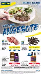 Gazetka promocyjna Metro - Wochen-Angebote - Gazetka - ważna od 01.11 do 01.11.2025 - strona 1 - produkty: abholpreise, angebot, angebote, aqua, bohne, eis, espresso, flasche, getränk, getränke, ilag, jack daniel, Jack Daniel’s, lack, lavazza, Metro, metro gastro, Muscheln, Palette, Rauch, reis, rind, rinder, rwe, Schal, Schale, steak, steakhüfte, Ti, tiefpreis