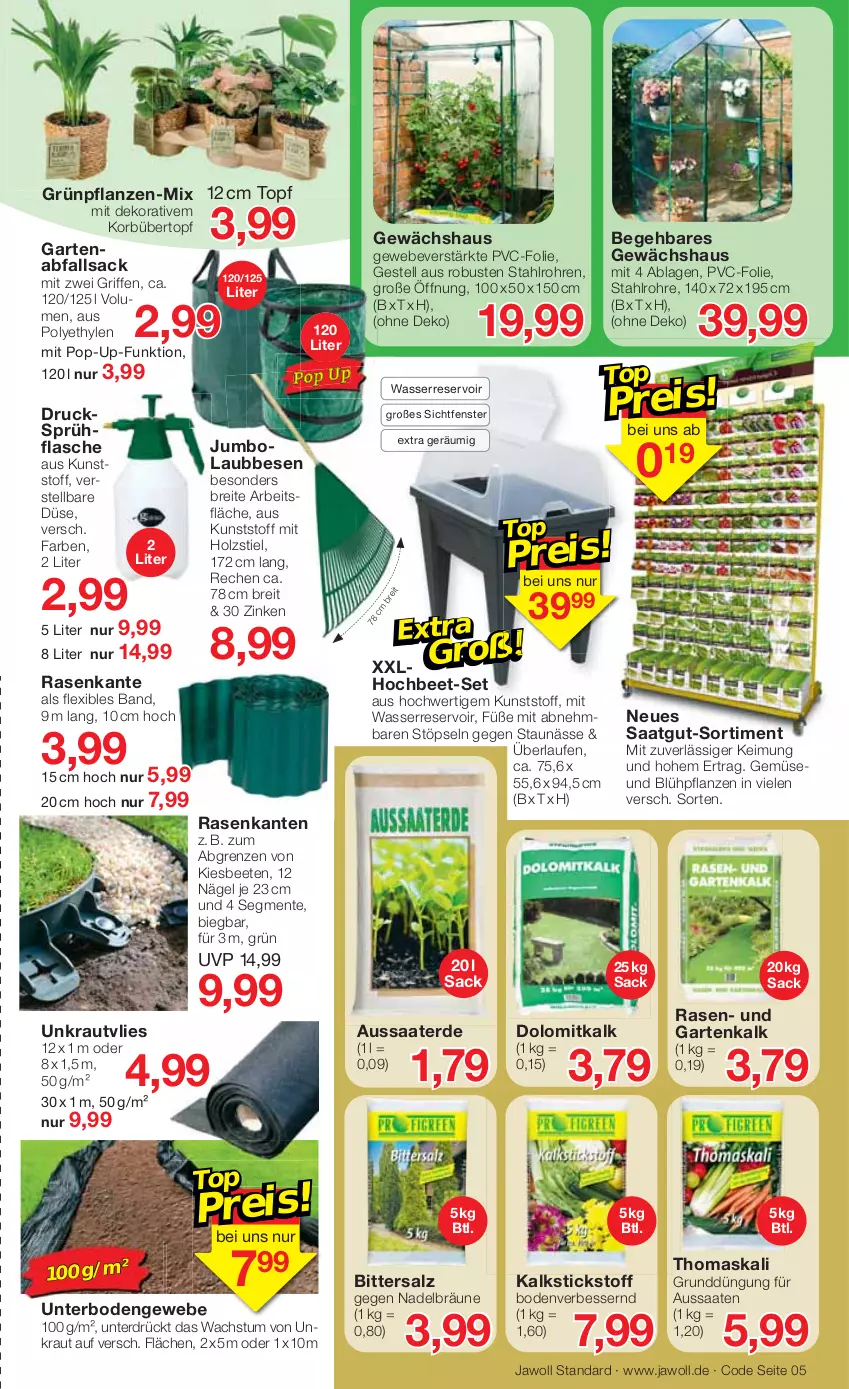 Aktueller Prospekt Jawoll - Prospekte - von 13.02 bis 19.02.2022 - strona 5 - produkty: Brei, ente, erde, fenster, flasche, Garten, Gewächshaus, Grünpflanzen, Holz, HP, jumbo, korb, Kraut, Laufen, pflanze, pflanzen, rasen, sac, salz, sprühflasche, Ti, topf, übertopf, wasser