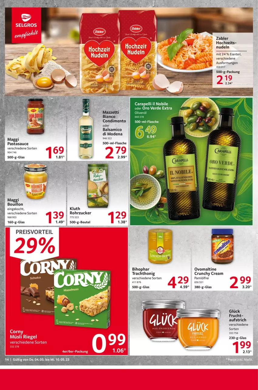 Aktueller Prospekt Selgros - Food - von 04.05 bis 10.05.2023 - strona 14 - produkty: aufstrich, balsam, balsamico, beutel, bihophar, Brei, condimento, eis, flasche, frucht, honig, maggi, Mode, nudel, nudeln, olive, oliven, olivenöl, ovomaltine, pasta, preisvorteil, reis, rohrzucker, sauce, Ti, Zabler, zucker