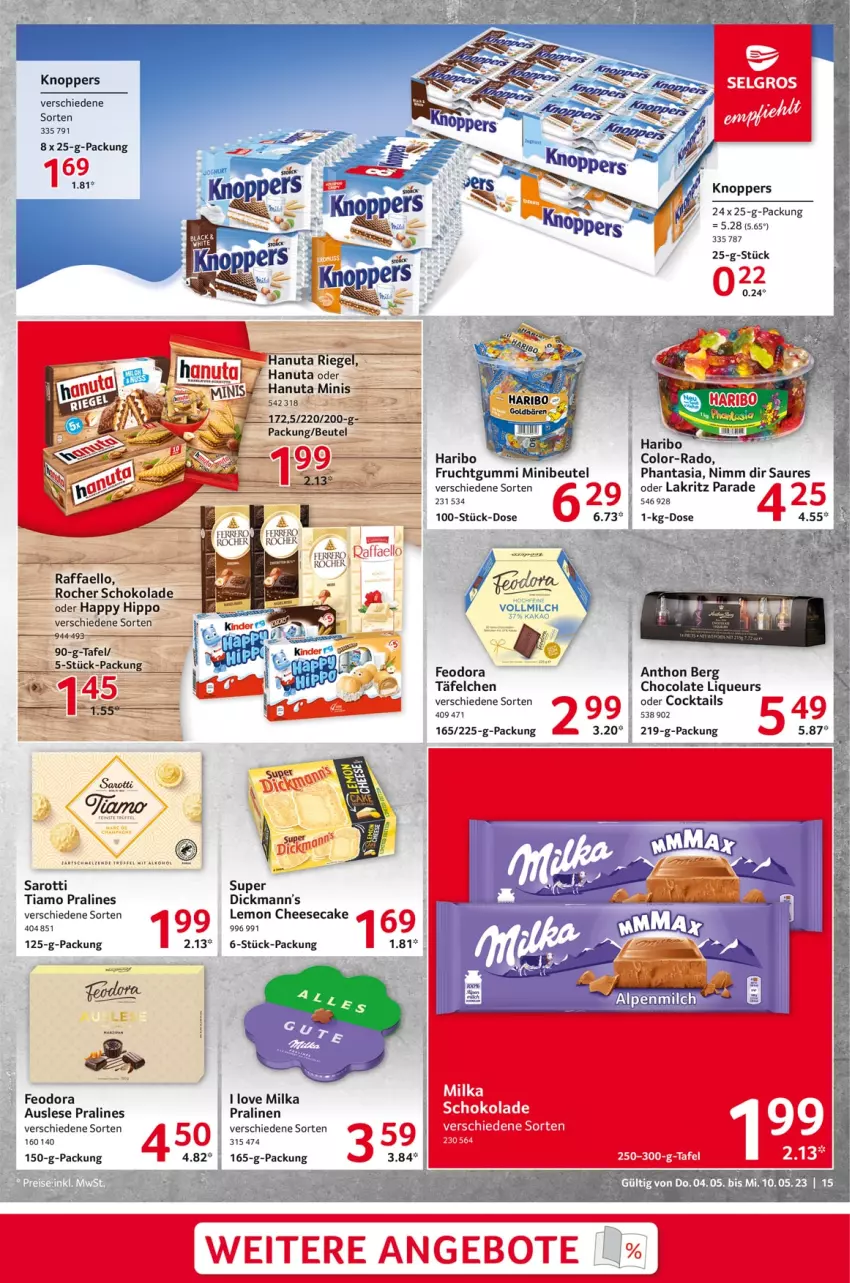 Aktueller Prospekt Selgros - Food - von 04.05 bis 10.05.2023 - strona 15 - produkty: alpenmilch, angebot, angebote, cheesecake, cocktail, cocktails, cola, frucht, fruchtgummi, goldbären, hanuta, haribo, hipp, knoppers, Lakritz, liqueur, milch, milka, oder lakritz, pralinen, raffaello, riegel, saro, sarotti, schoko, schokolade, Ti, Trüffel