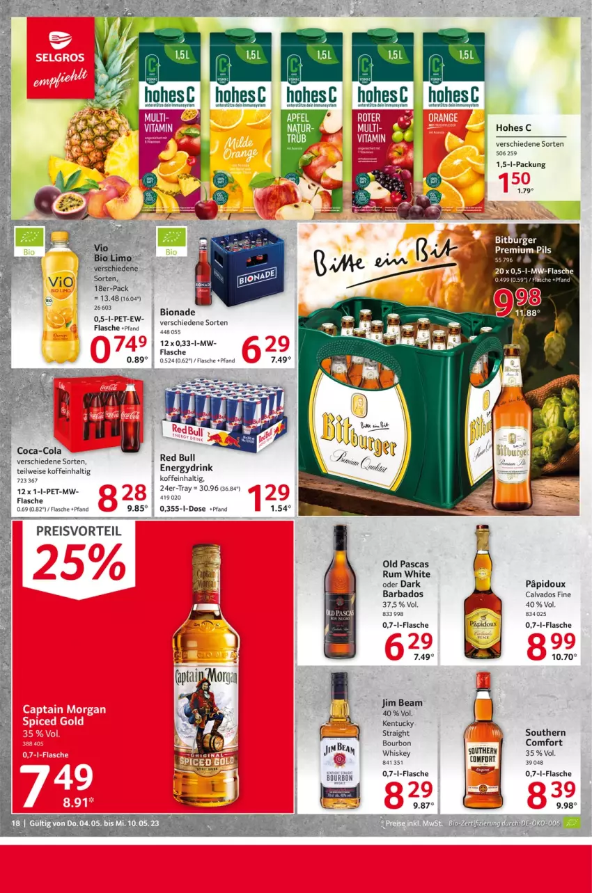 Aktueller Prospekt Selgros - Food - von 04.05 bis 10.05.2023 - strona 18 - produkty: Bad, bio, bionade, bourbon, bourbon whiskey, coca-cola, cola, eier, eis, flasche, Hohes C, jim beam, kentucky straight, pils, preisvorteil, reis, rum, Southern Comfort, Ti, tuc, whiskey