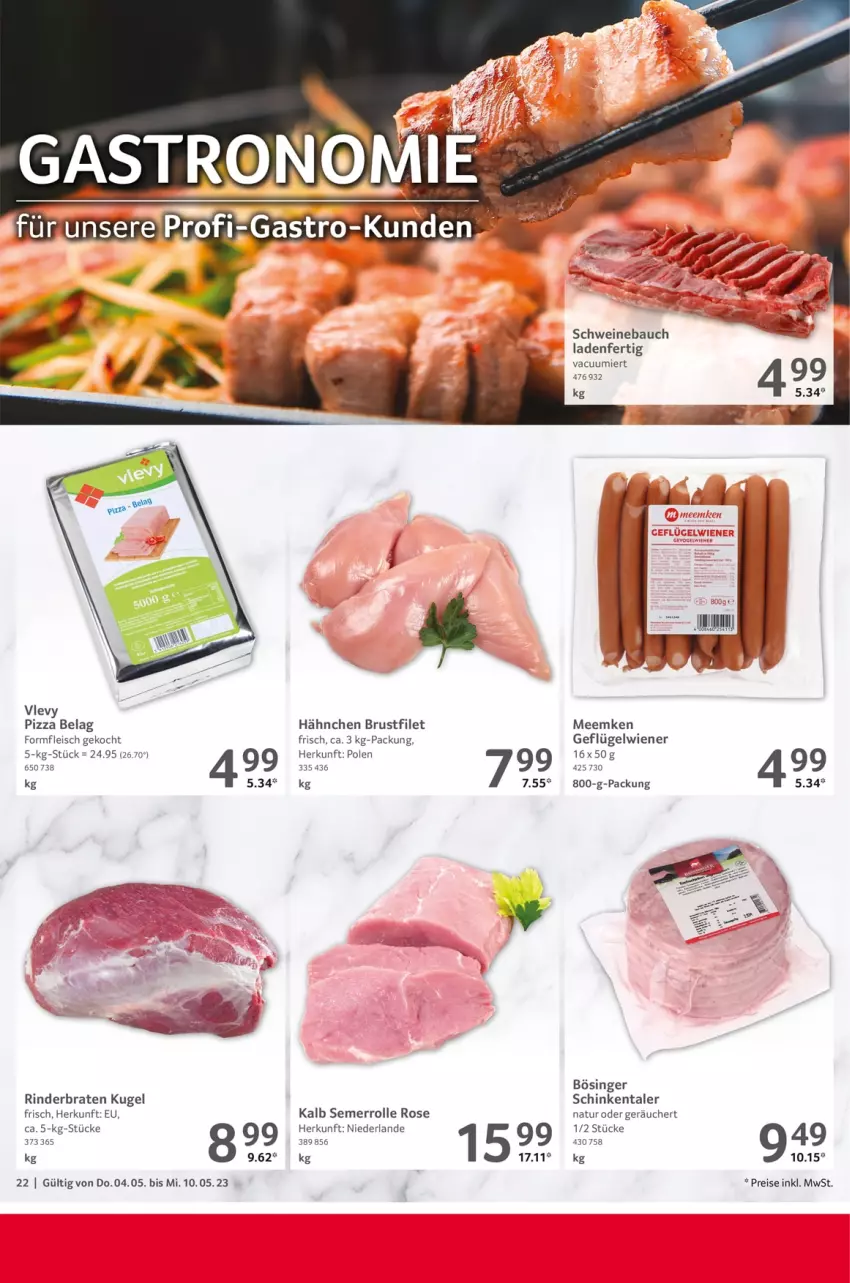 Aktueller Prospekt Selgros - Food - von 04.05 bis 10.05.2023 - strona 22 - produkty: Bau, braten, brustfilet, eis, filet, fleisch, Geflügel, Kugel, natur, pizza, reis, rel, rind, rinder, rinderbraten, schinken, schwein, schweine, Schweinebauch, Ti, wein, weine, wiener