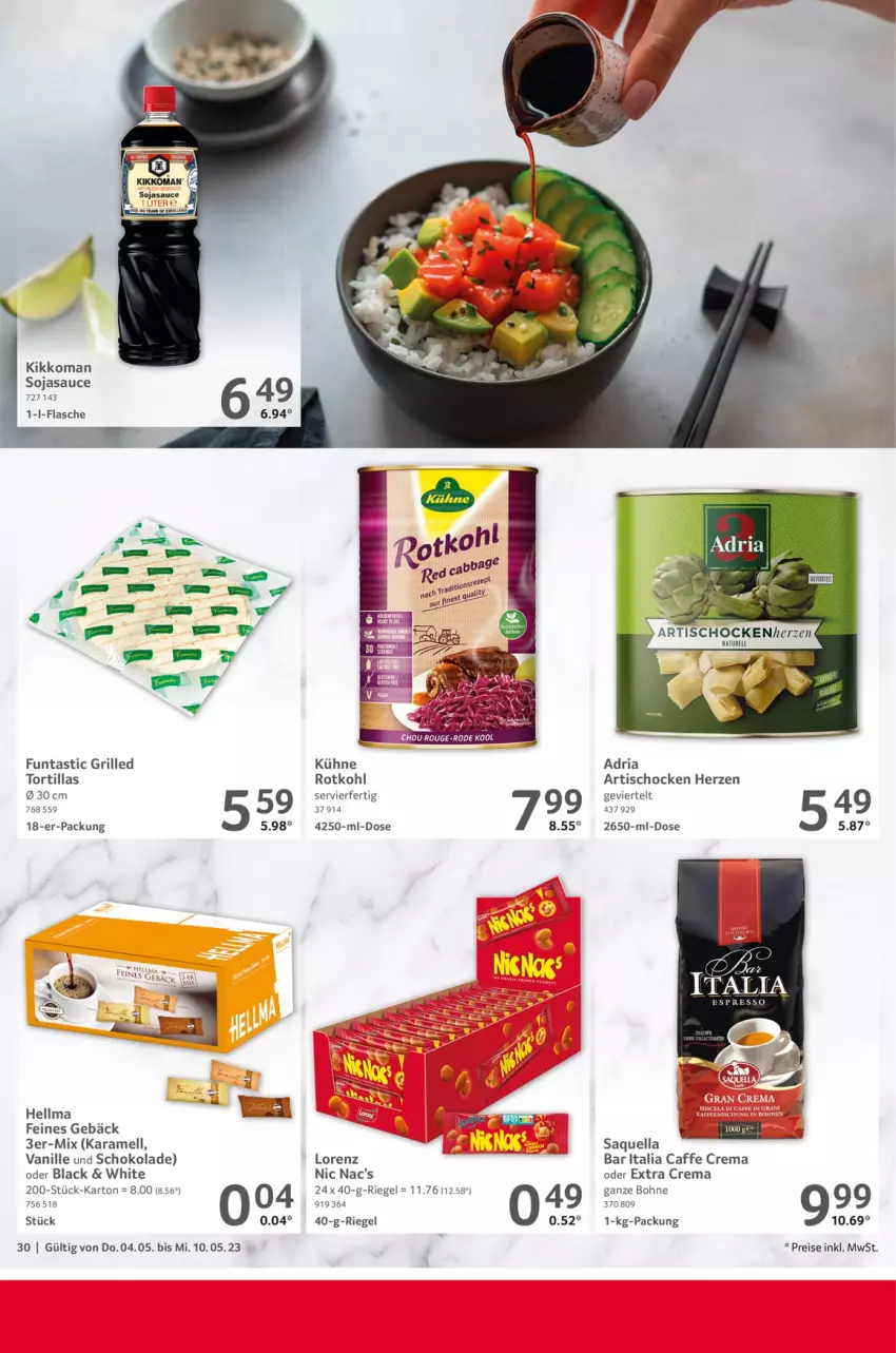 Aktueller Prospekt Selgros - Food - von 04.05 bis 10.05.2023 - strona 30 - produkty: Artischocken, asti, bohne, caffe, eis, espresso, flasche, grill, karamell, kikkoman, Kühne, lack, lorenz, natur, reis, rel, Ria, riegel, rotkohl, sauce, schoko, schokolade, soja, sojasauce, Ti, tisch, tortilla, tortillas, vanille