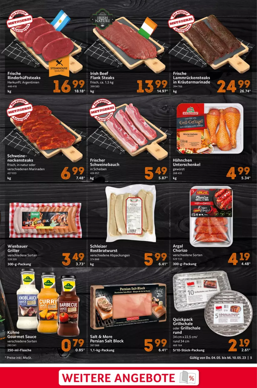 Aktueller Prospekt Selgros - Food - von 04.05 bis 10.05.2023 - strona 5 - produkty: angebot, angebote, auer, Bau, Bauer, beef, chorizo, eis, flasche, grill, henkel, Jura, kräuter, Kühne, lamm, Lammrücken, marinade, Nackensteak, nackensteaks, natur, reis, ring, Rückensteak, rückensteaks, salz, sauce, Schal, Schale, schenkel, schwein, schweine, Schweinebauch, steak, steaks, tee, Ti, wein, weine, wiesbauer