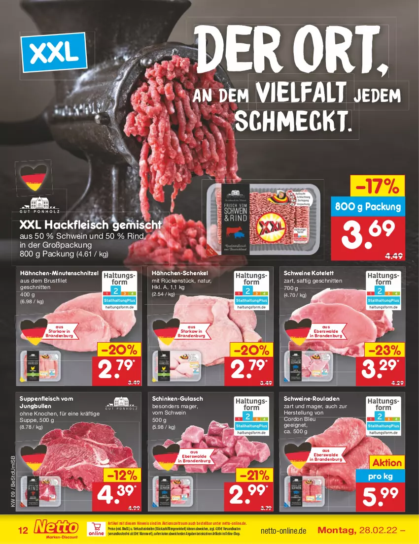 Aktueller Prospekt Netto Marken-Discount - Filial-Angebote - von 28.02 bis 05.03.2022 - strona 12 - produkty: brustfilet, cordon bleu, eis, filet, fleisch, gulasch, hackfleisch, hackfleisch gemischt, hähnchen-schenkel, henkel, jungbullen, kotelett, minutenschnitzel, natur, ndk, reis, rind, rouladen, saft, schenkel, schinken, schnitten, schnitzel, schwein, schweine, suppe, suppen, suppenfleisch, Ti, versandkostenfrei, wein, weine