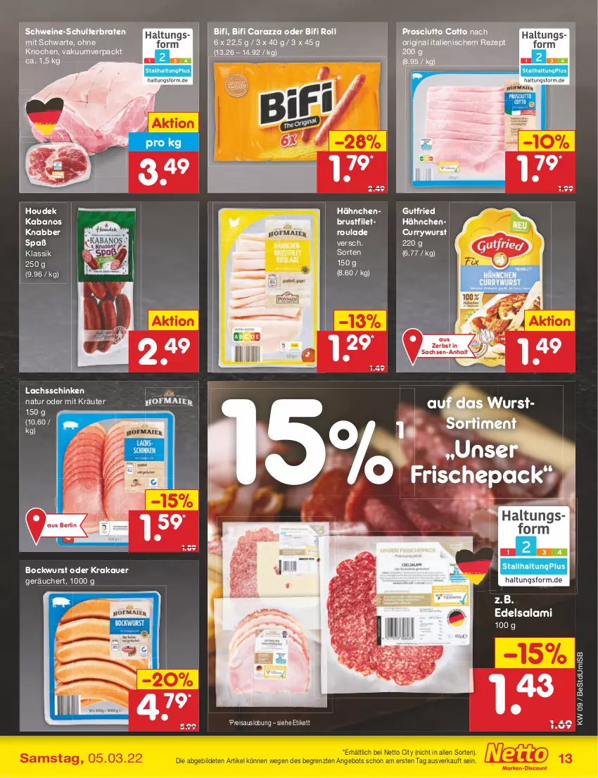 Aktueller Prospekt Netto Marken-Discount - Filial-Angebote - von 28.02 bis 05.03.2022 - strona 13 - produkty: angebot, auer, bifi, bockwurst, braten, brustfilet, curry, currywurst, Edelsalami, eis, filet, gin, gutfried, hähnchenbrust, hähnchenbrustfilet, houdek, kabanos, krakauer, kräuter, lachs, lachsschinken, natur, prosciutto, prosciutto cotto, reis, rezept, sac, salami, schinken, schwein, schweine, Ti, wein, weine, wurst, ZTE