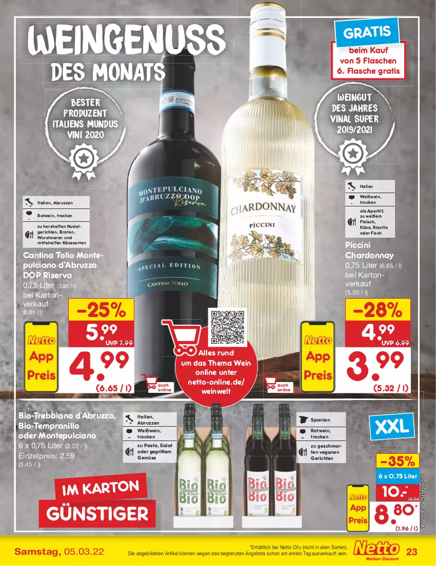 Aktueller Prospekt Netto Marken-Discount - Filial-Angebote - von 28.02 bis 05.03.2022 - strona 23 - produkty: angebot, aperitif, bio, braten, chardonnay, cin, eis, fisch, flasche, fleisch, grill, Käse, LG, monte, Montepulciano, nudel, Nudelgericht, nuss, pasta, reifen, reis, riserva, risotto, rotwein, salat, tempranillo, Ti, wein, Weißwein, wurst, ZTE