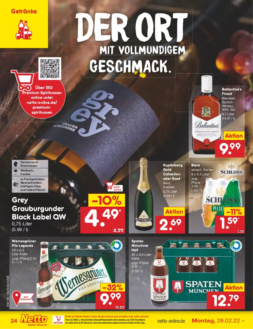 Aktueller Prospekt Netto Marken-Discount - Filial-Angebote - von 28.02 bis 05.03.2022 - strona 24 - produkty: ball, bier, Biere, black label, blended scotch, blended scotch whisky, burgunder, eis, elle, fisch, fleisch, früchte, früchten, getränk, getränke, grauburgunder, Käse, lack, mac, meeresfrüchte, ndk, pils, reis, sac, scotch, scotch whisky, sekt, Spaten, spirituosen, Ti, versandkostenfrei, wein, Weißwein, whisky