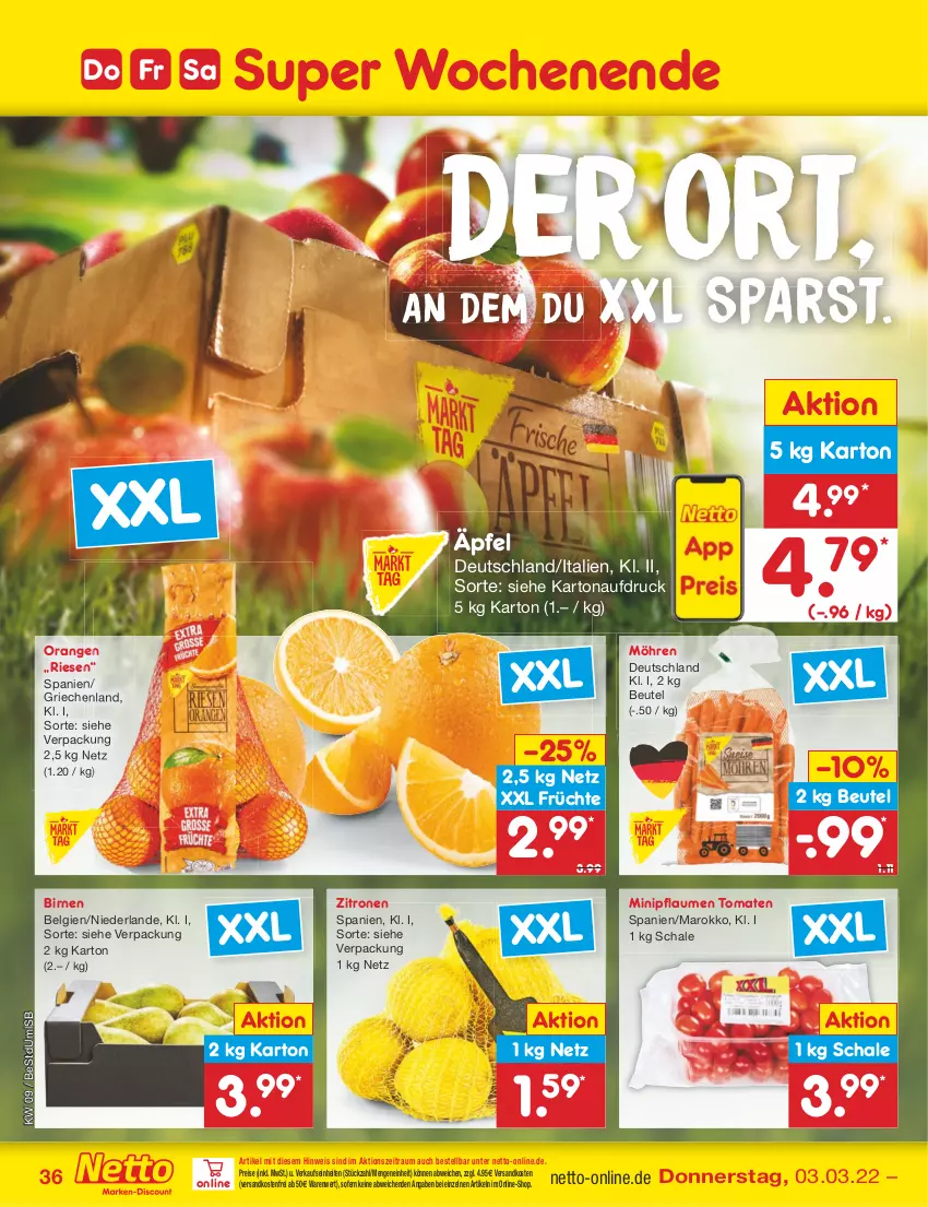 Aktueller Prospekt Netto Marken-Discount - Filial-Angebote - von 28.02 bis 05.03.2022 - strona 36 - produkty: beutel, Birnen, eis, früchte, LG, möhren, ndk, orange, orangen, pflaume, pflaumen, reis, Schal, Schale, Ti, tomate, tomaten, versandkostenfrei, zitrone, zitronen