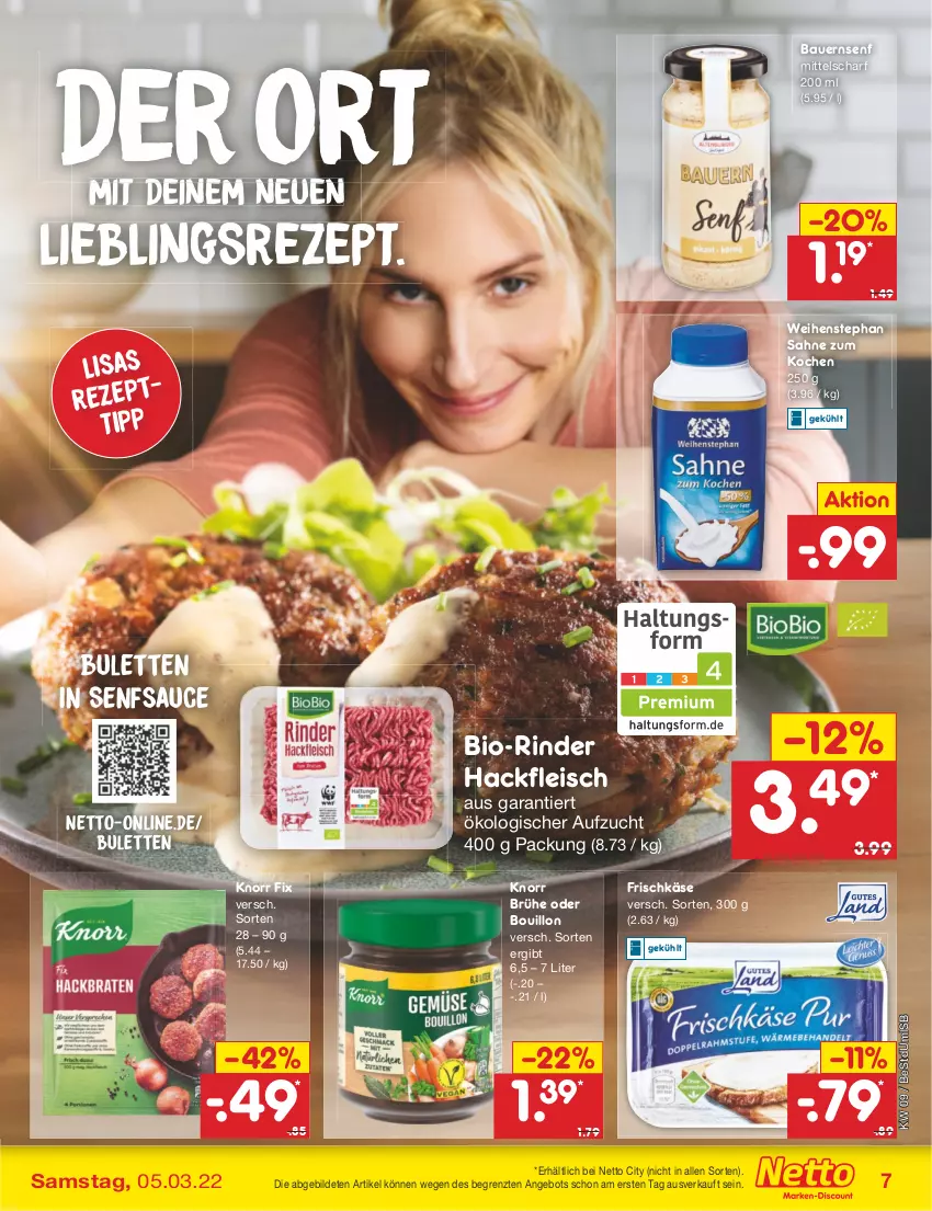 Aktueller Prospekt Netto Marken-Discount - Filial-Angebote - von 28.02 bis 05.03.2022 - strona 7 - produkty: angebot, auer, Bau, Bauer, bio, Brühe, eis, fleisch, frischkäse, hackfleisch, Käse, knorr, knorr fix, rezept, rind, rinder, sahne, sauce, senf, Ti, weihenstephan, ZTE