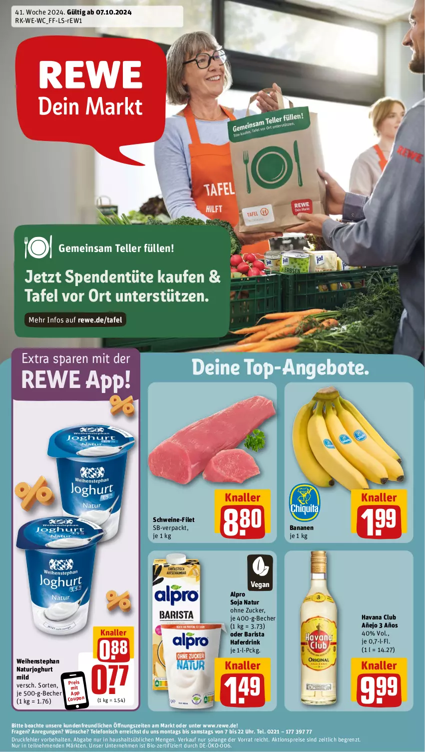 Aktueller Prospekt Rewe - Prospekte - von 07.10 bis 12.10.2024 - strona 1 - produkty: aktionspreis, alpro, angebot, angebote, banane, bananen, Becher, bio, coupon, drink, eis, elle, filet, hafer, Haferdrink, Havana Club, joghur, joghurt, joghurt mild, natur, naturjoghurt, reis, schwein, schweine, schweine-filet, soja, telefon, teller, Ti, top-angebot, Tüte, uhr, weihenstephan, wein, weine, zucker