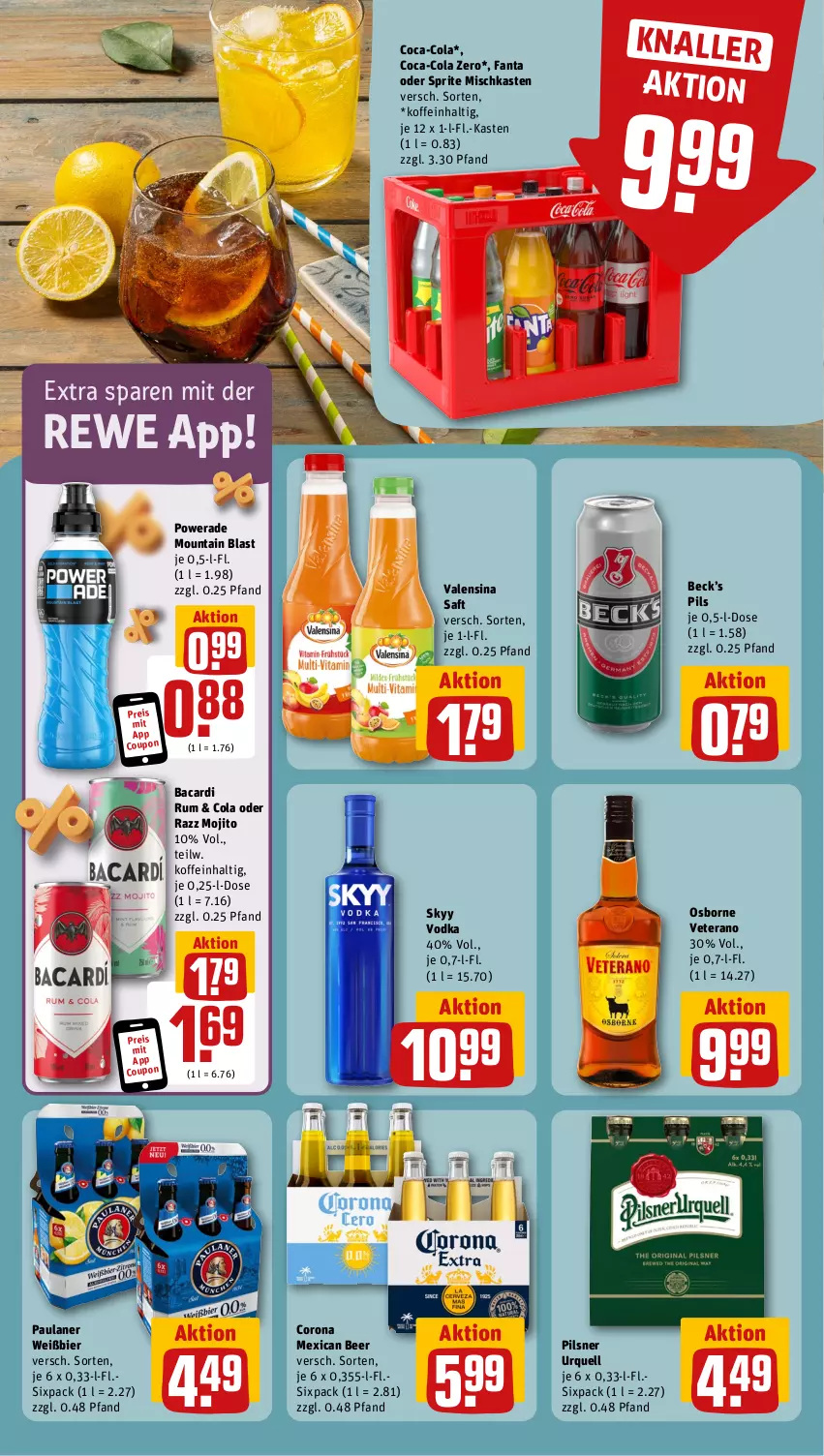 Aktueller Prospekt Rewe - Prospekte - von 07.10 bis 12.10.2024 - strona 11 - produkty: bacardi, bacardi rum, bier, coca-cola, cola, corona, coupon, eis, fanta, fanta oder, fanta oder sprite, mojito, oder sprite, osborne, Paula, paulaner, pils, pilsner, pilsner urquell, reis, rum, saft, skyy, Skyy Vodka, sprite, Ti, valensina, veterano, vodka