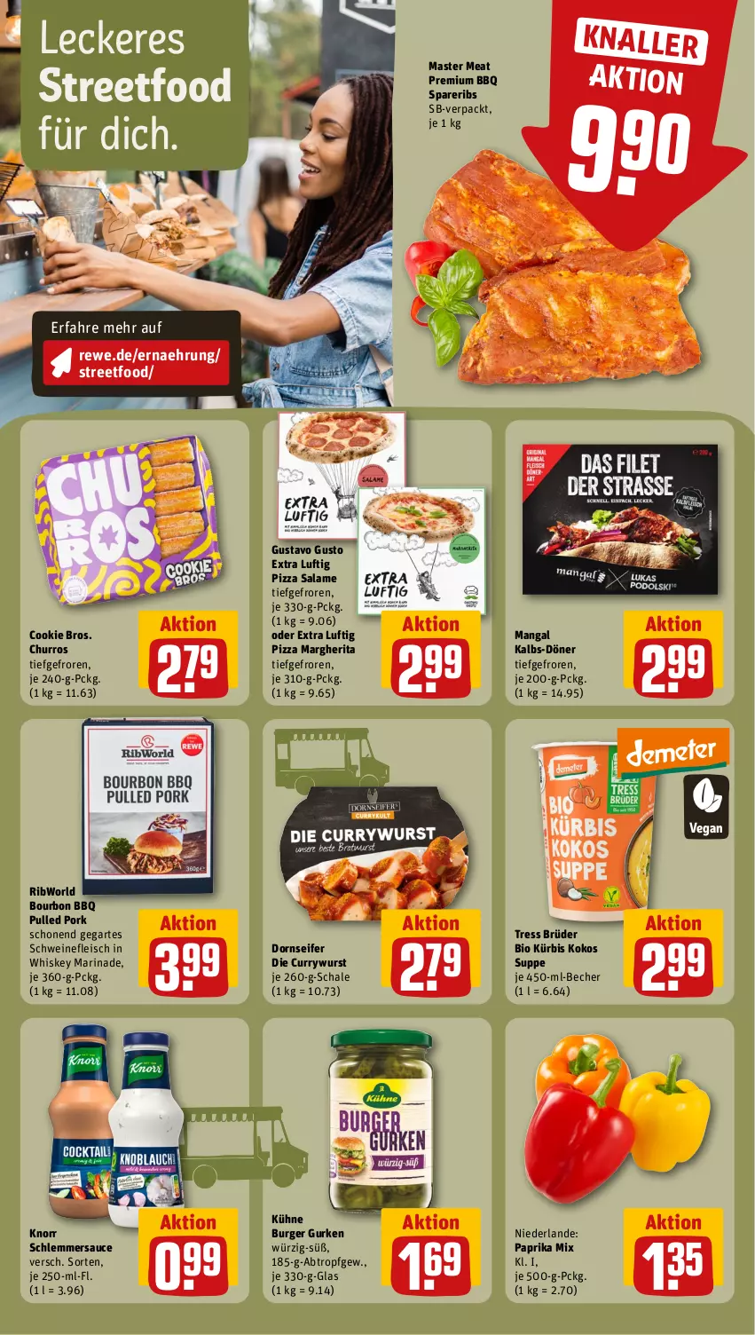 Aktueller Prospekt Rewe - Prospekte - von 07.10 bis 12.10.2024 - strona 12 - produkty: Becher, bio, bourbon, burger, cookie, curry, currywurst, eis, fleisch, gurke, gurken, knorr, kokos, Kühne, Kürbis, margherita, marinade, paprika, paprika mix, pizza, pizza salame, Pulled Pork, sauce, Schal, Schale, schlemmersauce, schwein, schweine, schweinefleisch, Seife, spareribs, suppe, Ti, wein, weine, whiskey, wurst