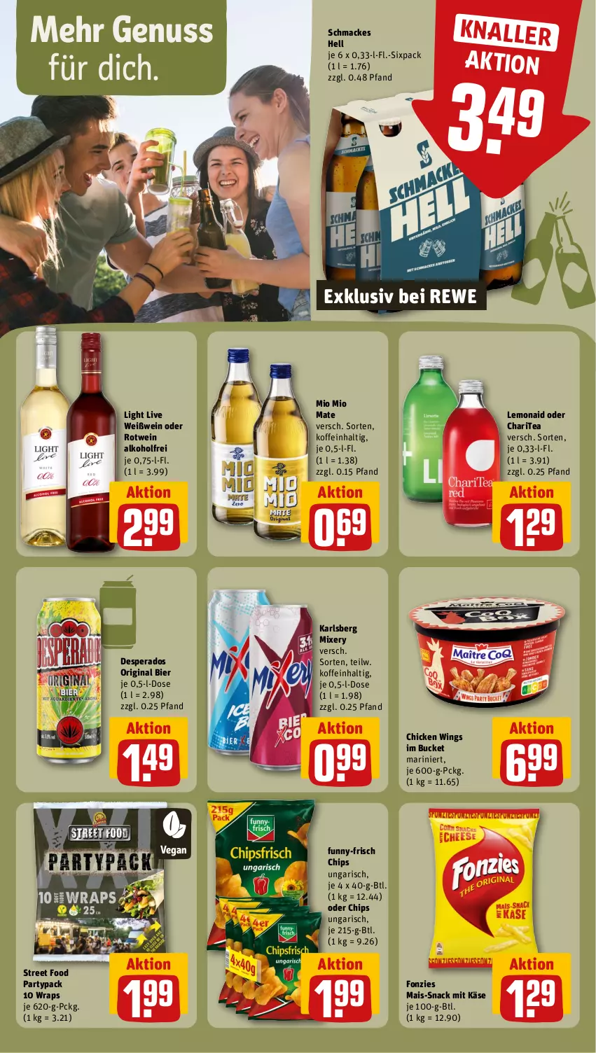 Aktueller Prospekt Rewe - Prospekte - von 07.10 bis 12.10.2024 - strona 13 - produkty: alkohol, bier, chicken wings, chips, desperados, funny-frisch, gin, karlsberg, karlsberg mixery, Käse, mac, mais, Mio Mio, Mixer, mixery, nuss, rotwein, snack, Ti, wein, Weißwein, wrap, wraps