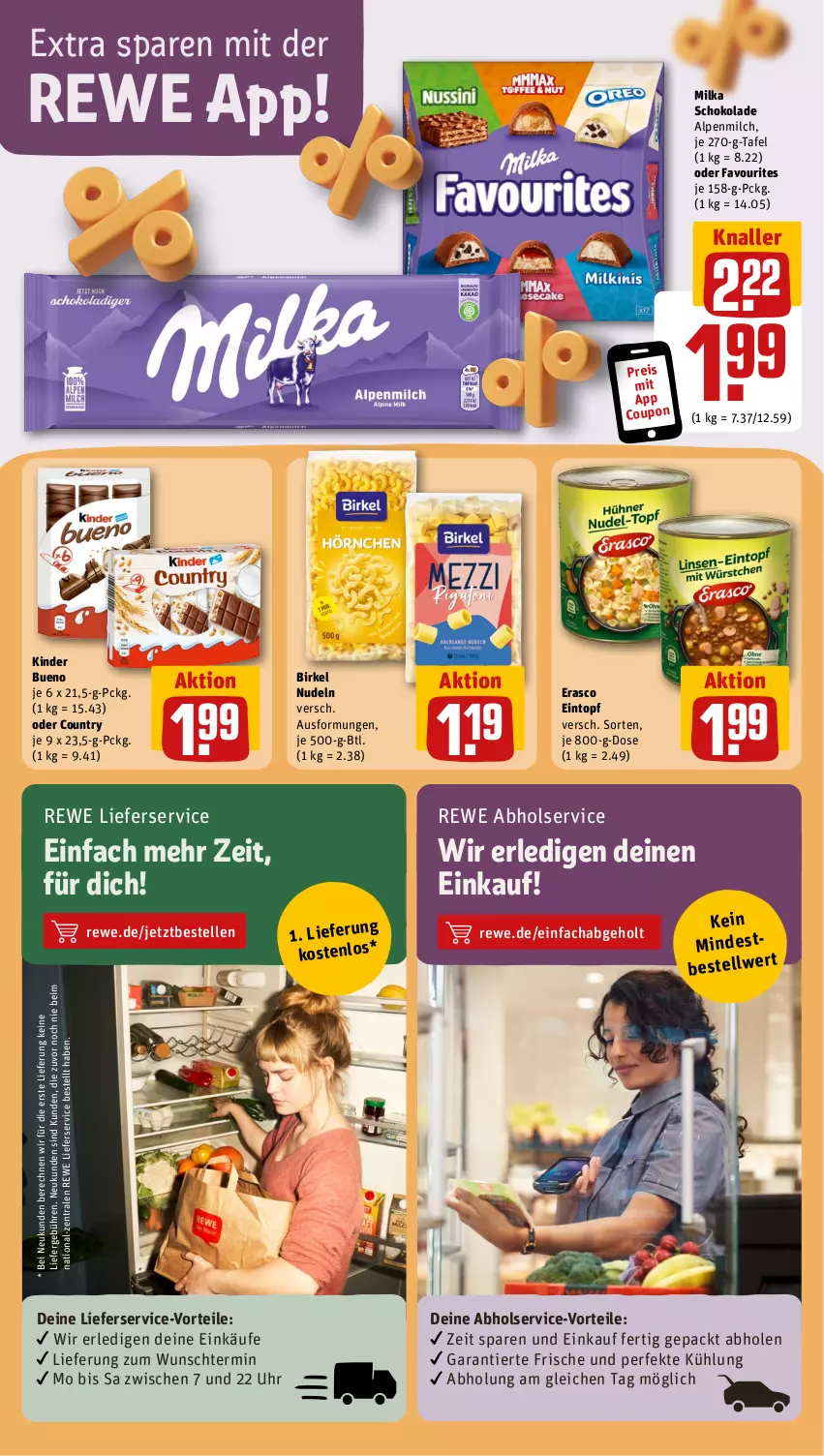 Aktueller Prospekt Rewe - Prospekte - von 07.10 bis 12.10.2024 - strona 14 - produkty: alpenmilch, birkel, coupon, eintopf, eis, elle, erasco, Kinder, kinder bueno, lieferservice, milch, milka, milka schokolade, nudel, nudeln, reis, schoko, schokolade, Ti, topf, uhr