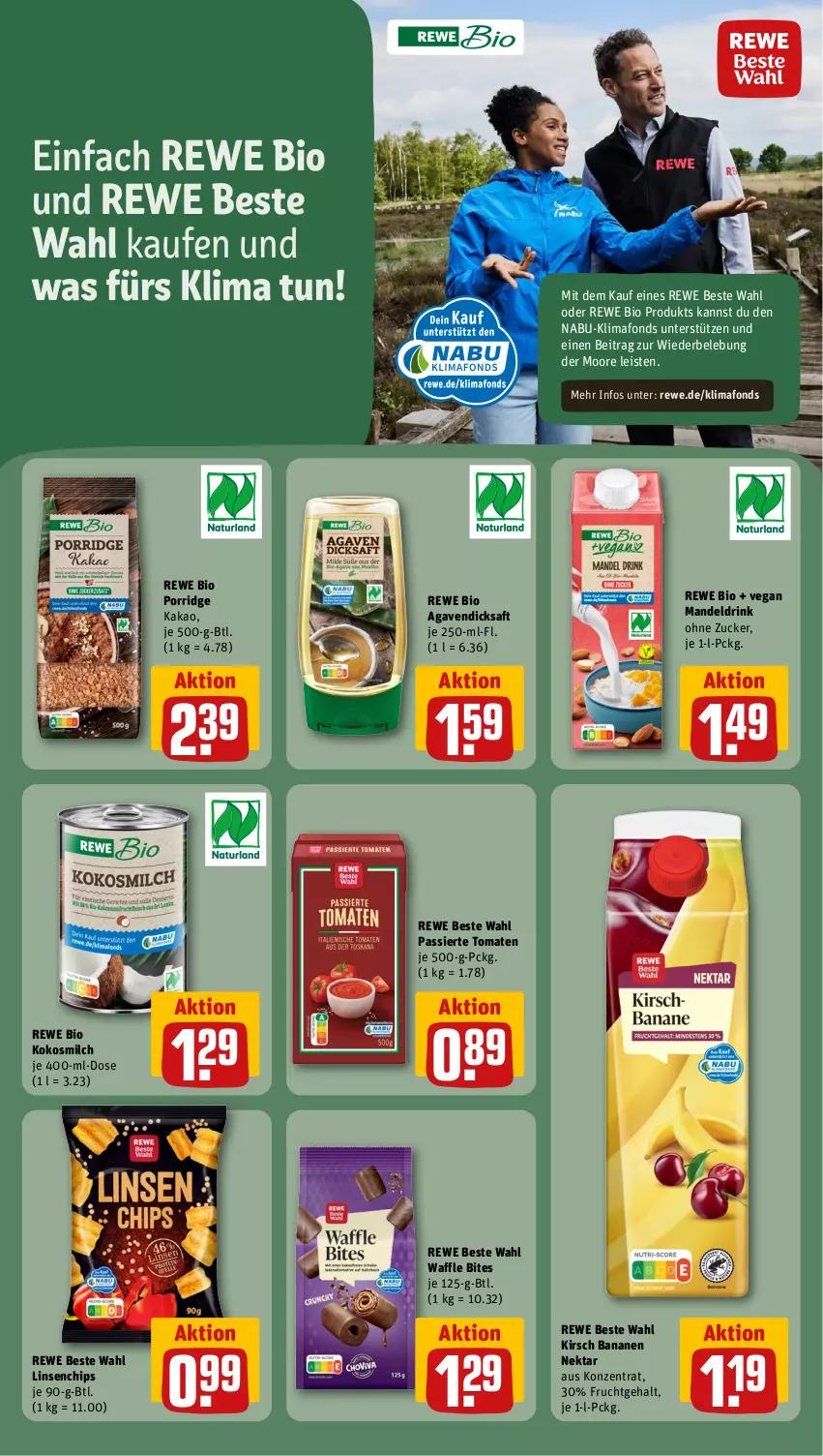 Aktueller Prospekt Rewe - Prospekte - von 07.10 bis 12.10.2024 - strona 15 - produkty: agaven, banane, bananen, bio, bites, chips, dicksaft, drink, eis, frucht, kakao, kirsch, kokos, kokosmilch, linsen, mandel, Mandeldrink, milch, Nektar, porridge, rewe beste wahl, rewe bio, saft, Ti, tomate, tomaten, zucker