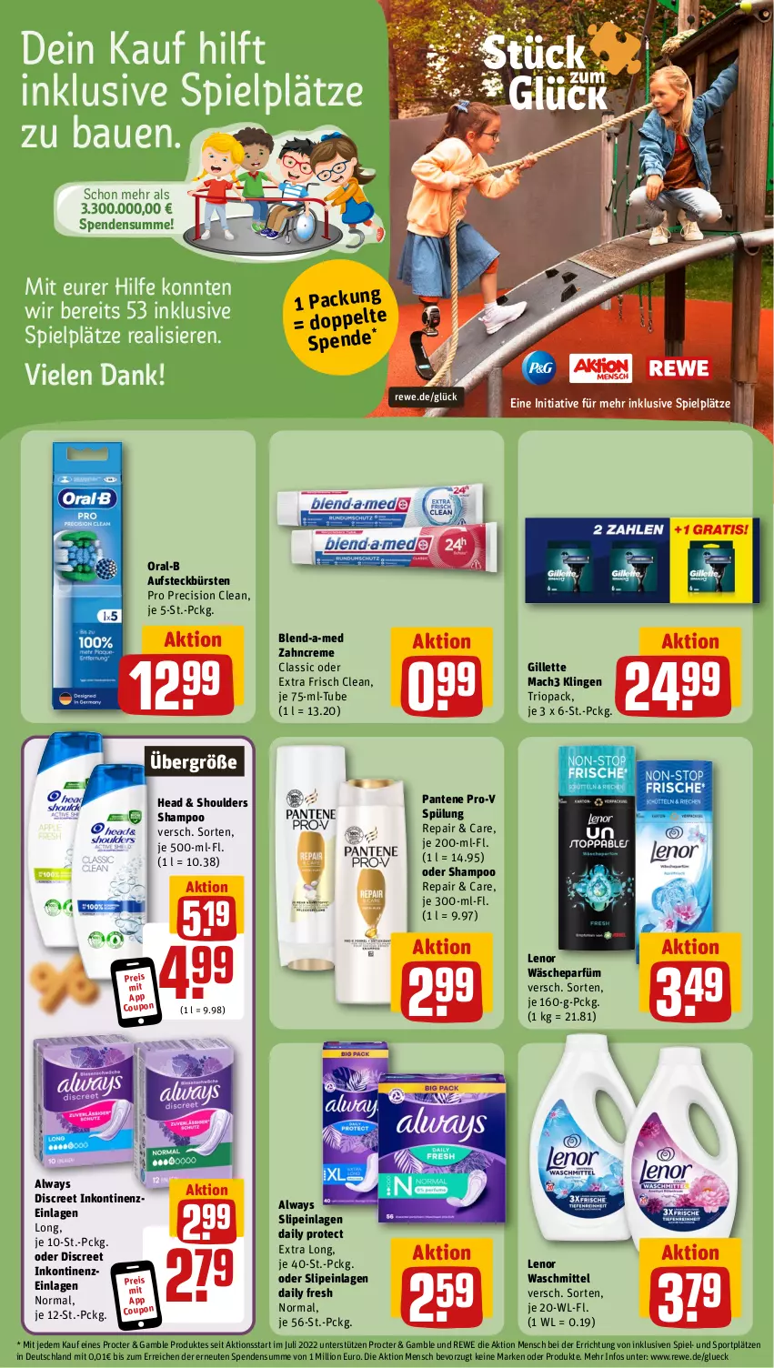 Aktueller Prospekt Rewe - Prospekte - von 07.10 bis 12.10.2024 - strona 16 - produkty: Alwa, Always, aufsteckbürsten, Bau, blend-a-med, bürste, bürsten, coupon, creme, Discreet, eis, gillette, lenor, lenor waschmittel, lion, mac, mach3, oral-b, pantene, pantene pro-v, precision clean, pro-v, reis, shampoo, slip, slipeinlagen, Sport, spülung, Ti, wäscheparfüm, waschmittel, zahncreme