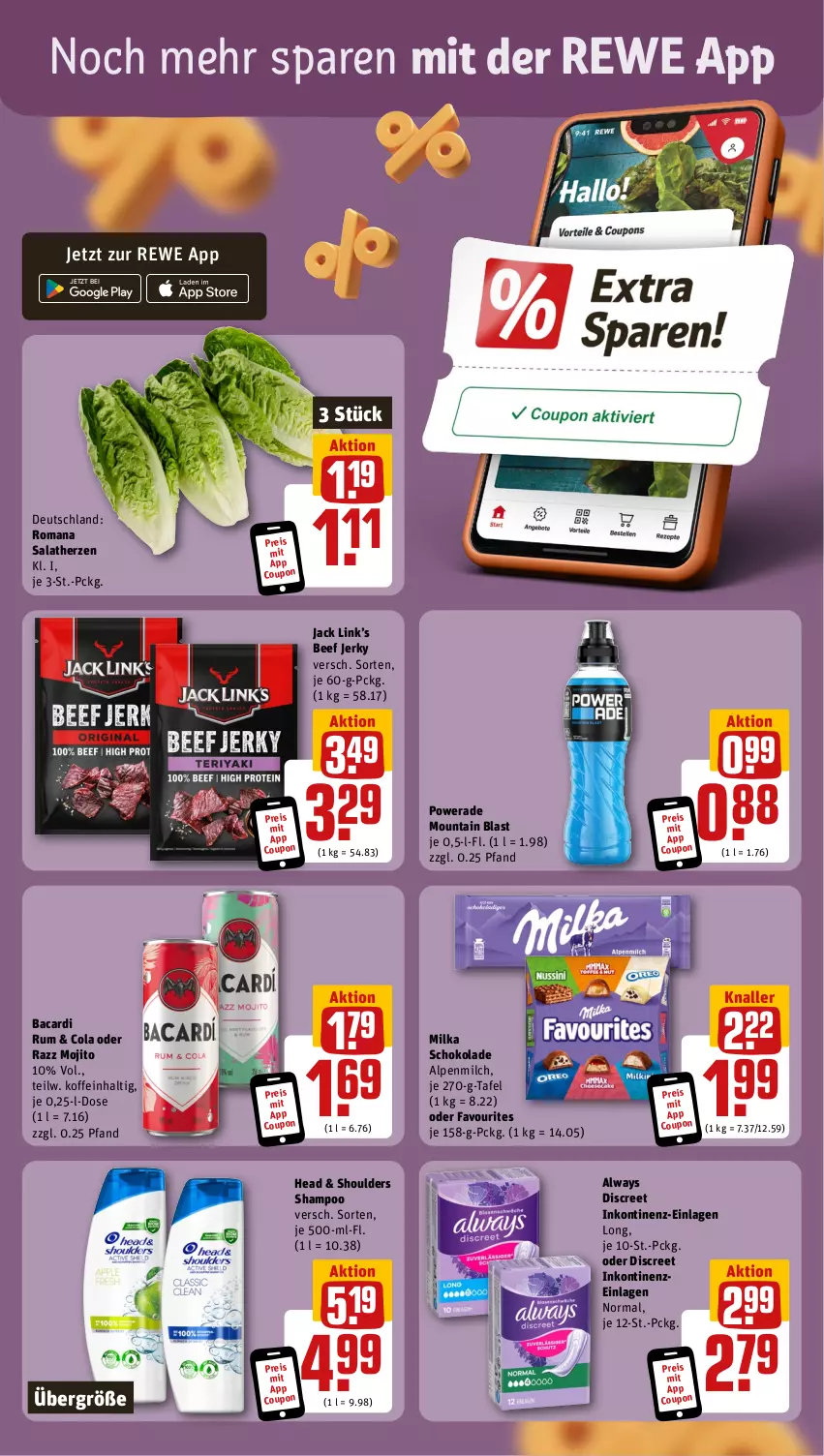 Aktueller Prospekt Rewe - Prospekte - von 07.10 bis 12.10.2024 - strona 3 - produkty: alpenmilch, Alwa, Always, bacardi, bacardi rum, beef, cola, coupon, Discreet, eis, milch, milka, milka schokolade, mojito, reis, rum, salat, salatherzen, schoko, schokolade, shampoo, Ti