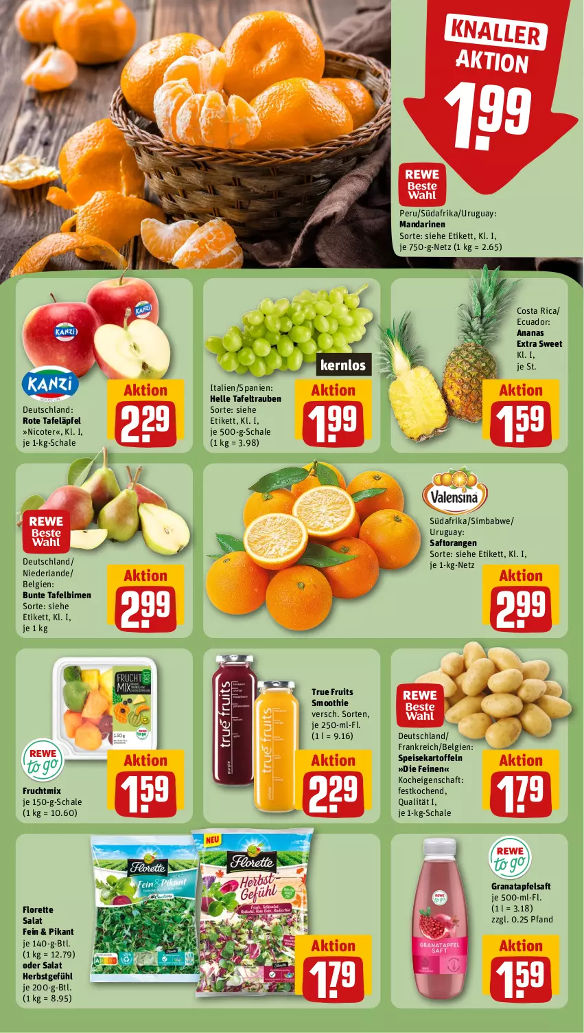 Aktueller Prospekt Rewe - Prospekte - von 07.10 bis 12.10.2024 - strona 6 - produkty: ananas, apfel, apfelsaft, Birnen, eis, elle, florette, frucht, grana, granatapfel, kartoffel, kartoffeln, LG, mandarine, mandarinen, orange, orangen, Rana, rote tafeläpfel, saft, Saftorangen, salat, Schal, Schale, sim, simba, smoothie, speisekartoffeln, tafeläpfel, tafelbirnen, tafeltrauben, Ti, trauben, true fruits