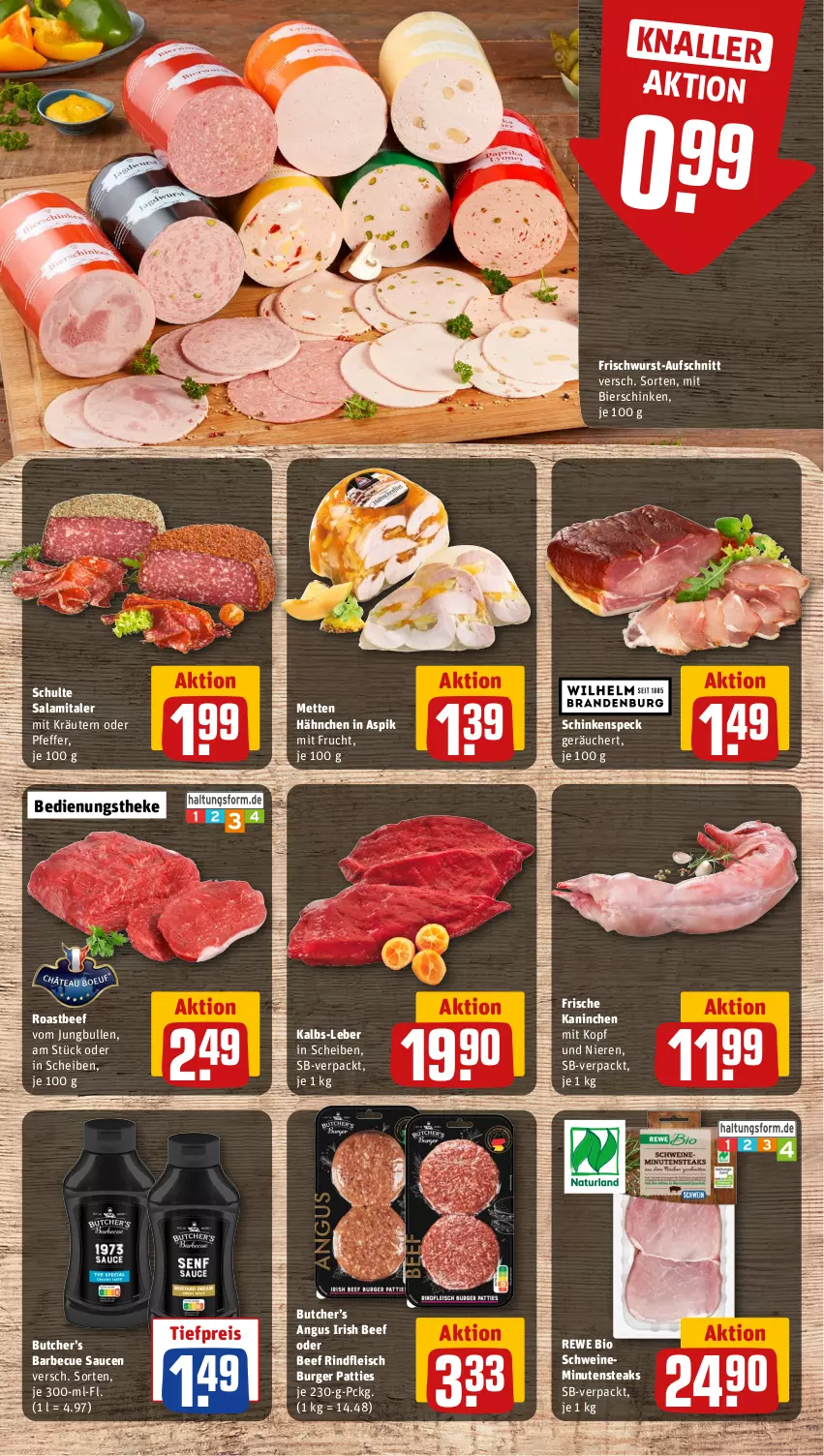 Aktueller Prospekt Rewe - Prospekte - von 07.10 bis 12.10.2024 - strona 8 - produkty: aufschnitt, barbecue, beef, bier, bierschinken, bio, burger, eis, fleisch, frischwurst-aufschnitt, frucht, jungbullen, kräuter, kräutern, Mett, metten, minutensteaks, mit frucht, pfeffer, reis, rewe bio, rind, rindfleisch, roastbeef, salami, sauce, saucen, schinken, schinkenspeck, schwein, schweine, Speck, steak, steaks, Ti, tiefpreis, wein, weine, wurst