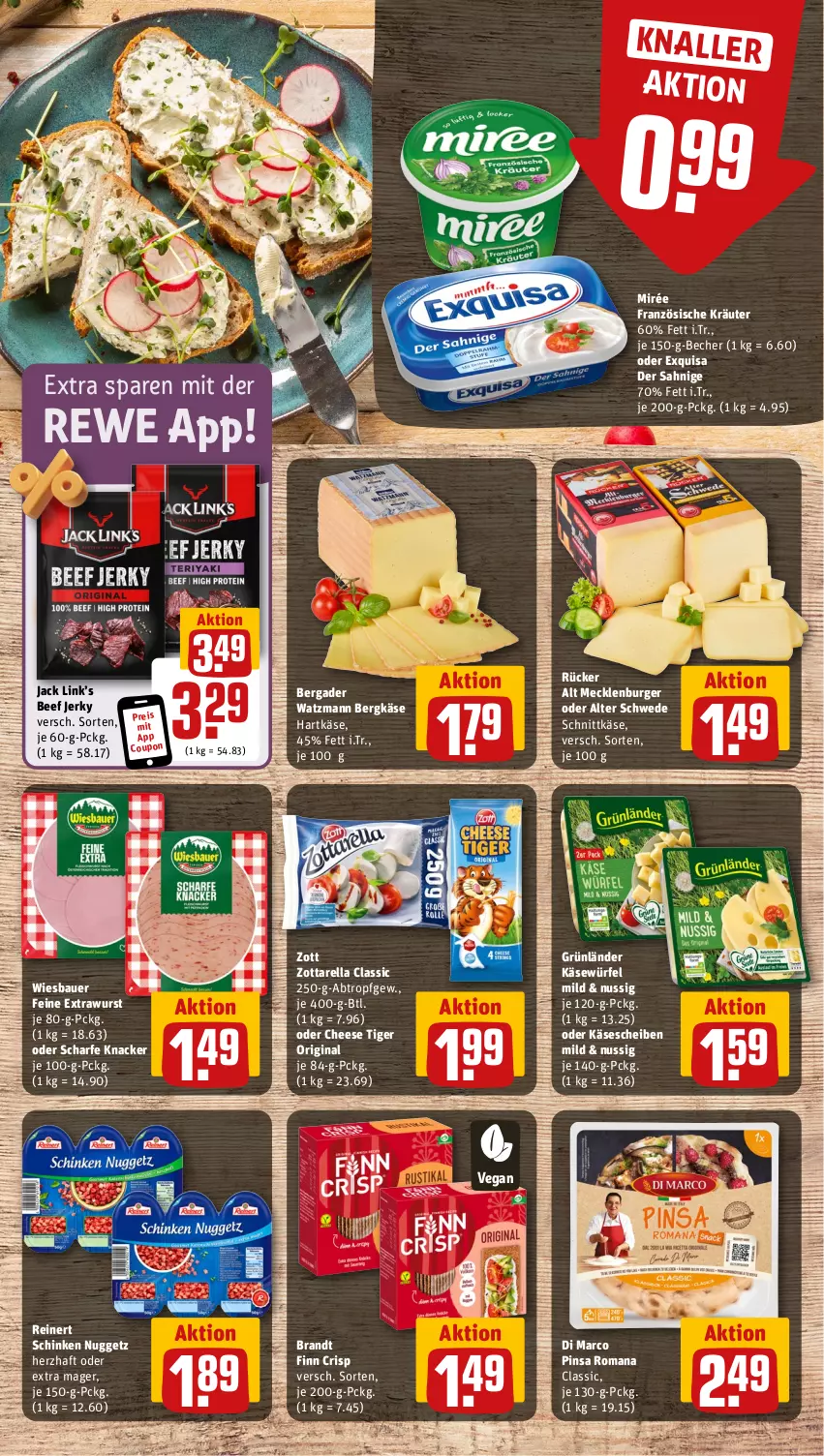 Aktueller Prospekt Rewe - Prospekte - von 07.10 bis 12.10.2024 - strona 9 - produkty: auer, Bau, Bauer, Becher, beef, bergader, Bergkäse, brandt, burger, coupon, eis, exquisa, gin, grünländer, hartkäse, Käse, käsescheiben, knacker, kräuter, nuss, reinert, reis, rel, schinken, schnittkäse, Ti, wiesbauer, würfel, wurst, zott, zottarella