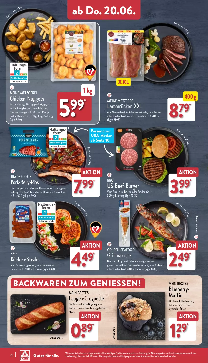 Aktueller Prospekt Aldi Nord - Von Montag - von 17.06 bis 22.06.2024 - strona 26 - produkty: auer, backwaren, Bau, beef, beere, beeren, Blaubeer, blaubeere, blueberry, braten, burger, butter, Croissant, curry, dip, Elan, geback, gewürz, gin, grill, Heu, kräuter, küche, Küchen, lamm, Lammrücken, Makrele, marinade, Muffin, nuggets, Ofen, rel, Ria, rind, schwein, steak, steaks, Ti, wein, ZTE