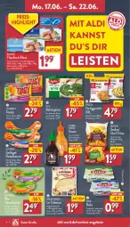 Gazetka promocyjna Aldi Nord - Von Montag - Gazetka - ważna od 22.06 do 22.06.2024 - strona 6 - produkty: aldi, almare, angebot, angebote, arla, arla buko, beutel, Buko, eis, fertiggericht, filet, filets, fisch, flasche, fleisch, fleischwurst, frischkäse, frosta, Geflügel, gin, gutfried, hühner, iglo, Käse, mccain, rapsöl, reis, sauce, spinat, thunfisch, Ti, toast, toasty, wurst