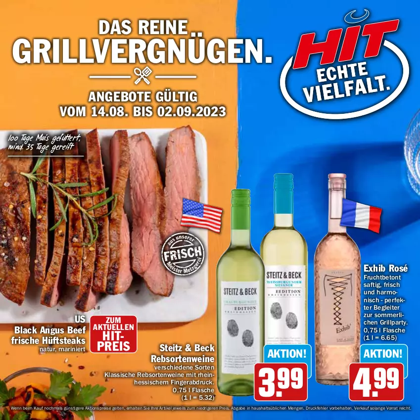 Aktueller Prospekt Hit - Prospekte - von 14.08 bis 02.09.2023 - strona 1 - produkty: aktionspreis, angebot, angebote, beef, eis, elle, flasche, frucht, grill, hüftsteak, hüftsteaks, lack, mais, merl, natur, rebsortenweine, reis, saft, steak, steaks, Ti, wein, weine