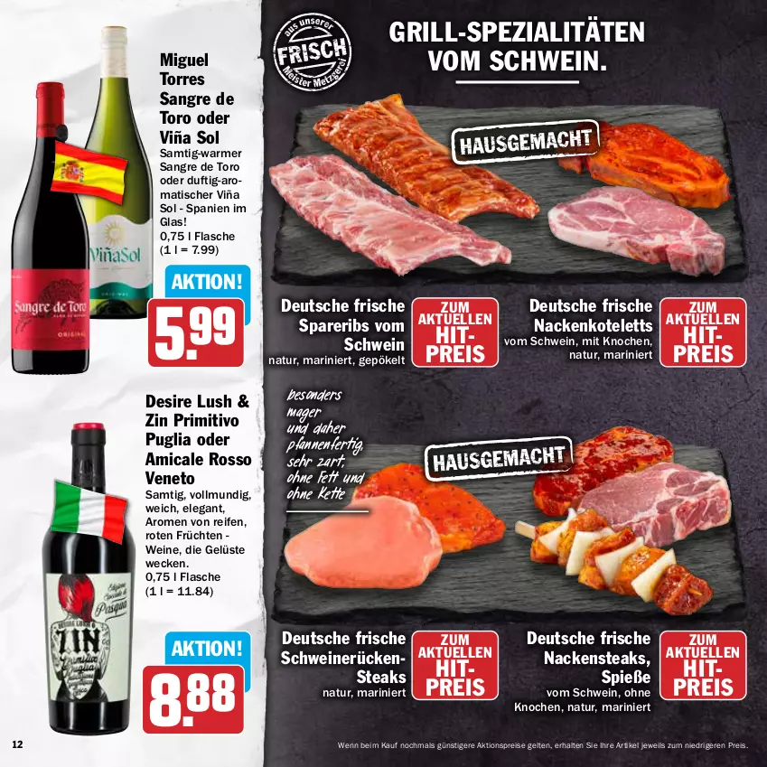 Aktueller Prospekt Hit - Prospekte - von 14.08 bis 02.09.2023 - strona 12 - produkty: aktionspreis, amica, eis, elle, flasche, früchte, früchten, grill, Kette, kotelett, nackenkoteletts, Nackensteak, nackensteaks, natur, pfanne, pfannen, primitivo, reifen, reis, schwein, schweine, schweinerücken, spareribs, Spezi, steak, steaks, Ti, tisch, weck, wein, weine