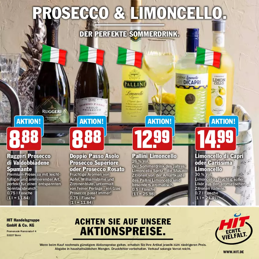 Aktueller Prospekt Hit - Prospekte - von 14.08 bis 02.09.2023 - strona 24 - produkty: aktionspreis, apfel, Blüte, Cap, doppio passo, drink, ecco, eis, flasche, frucht, likör, limo, Limoncello di Capri, passo, perla, prosecco, puma, reis, rosato, sim, spumante, Ti, tisch, valdo, zitrone, zitronen