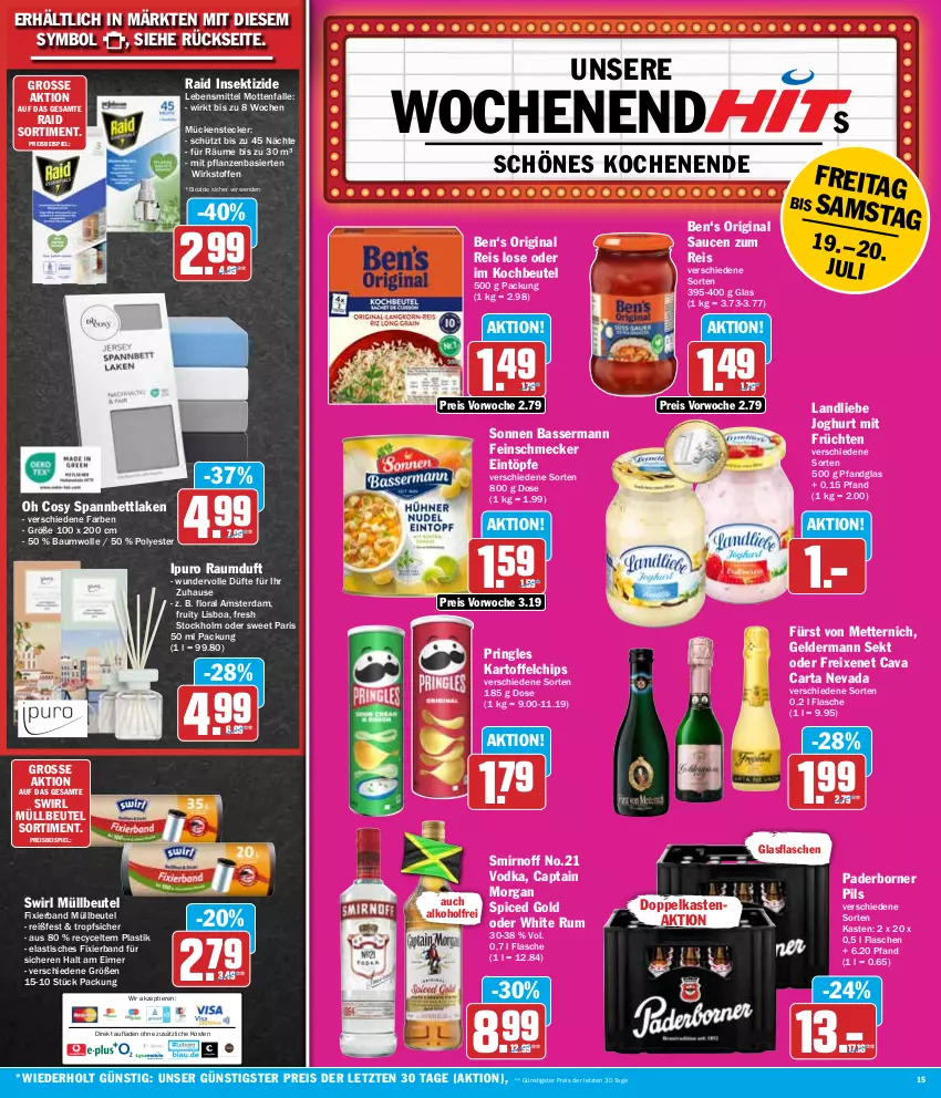 Aktueller Prospekt Hit - Wochenprospekt - von 15.07 bis 20.07.2024 - strona 15 - produkty: alkohol, asti, Bau, baumwolle, bett, beutel, bio, Cap, captain morgan, Cava, chips, eimer, eintöpfe, eis, feinschmecker, flasche, freixenet, früchte, früchten, fürst von metternich, geldermann, gin, glasflasche, Insektizid, Ipuro, joghur, joghurt, kartoffel, kartoffelchips, kochbeutel, landliebe, landliebe joghurt, lebensmittel, Mett, metternich, Mottenfalle, Mückenstecker, müllbeutel, pflanze, pflanzen, pils, pringles, Raumduft, reis, ring, rum, rwe, sauce, saucen, sekt, smirnoff, spannbettlaken, swirl, Ti, Tiere, tisch, vodka, white rum, wolle, ZTE