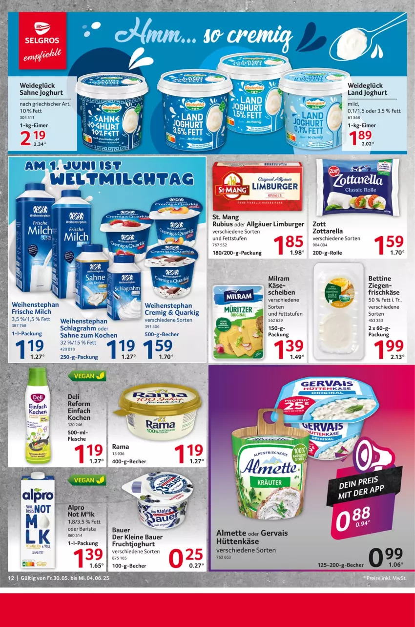 Aktueller Prospekt Selgros - Food - von 30.05 bis 04.06.2025 - strona 12 - produkty: almette, alpro, auer, Bau, Bauer, Becher, bett, burger, eimer, elle, frische milch, frischkäse, frucht, fruchtjoghurt, gervais, joghur, joghurt, joghurt mild, Käse, leine, LG, Limburger, Mett, milch, milram, quark, Quarki, rama, rel, Rubius, sahne, sahne joghurt, schlagrahm, St. Mang, Ti, weihenstephan, zott, zottarella