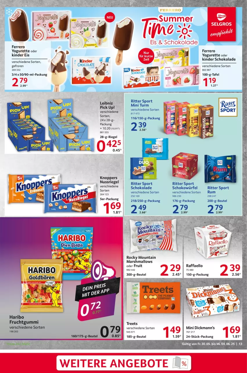 Aktueller Prospekt Selgros - Food - von 30.05 bis 04.06.2025 - strona 13 - produkty: beutel, eis, ferrero, frucht, fruchtgummi, goldbären, haribo, Kinder, kinder schokolade, knoppers, mars, Pick Up!, riegel, ritter, ritter sport, rum, schoko, schokolade, schokowürfel, Sport, Ti, würfel, Yo, yogurette