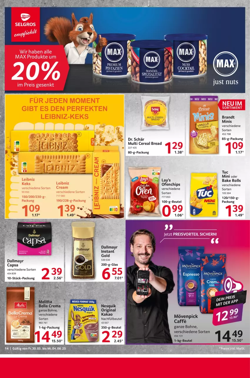 Aktueller Prospekt Selgros - Food - von 30.05 bis 04.06.2025 - strona 14 - produkty: bellacrema, beutel, bohne, brandt, caffe, Cap, chips, dallmayr, espresso, gin, kakao, lays, melitta, mövenpick, nesquik, nuss, Ofen, tee, Ti, tuc