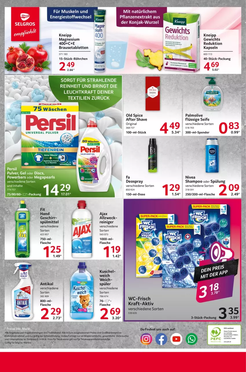 Aktueller Prospekt Selgros - Food - von 30.05 bis 04.06.2025 - strona 24 - produkty: after shave, ajax, brause, Brausetabletten, deo, deospray, eier, elle, flasche, geschirr, gin, kneipp, kraft, magnesium, nivea, Old Spice, olive, palmolive, persil, pflanze, pflanzen, Rauch, reiniger, ring, Seife, shampoo, shampoo oder spülung, spülmittel, spülung, tablet, tablett, Tablette, Ti, weck