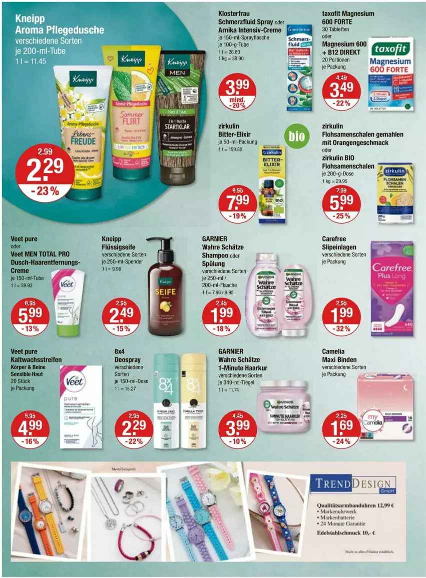 Aktueller Prospekt Vmarkt - Prospekte - von 11.07 bis 17.07.2024 - strona 10 - produkty: Armband, Armbanduhr, batterie, binden, bio, camelia, carefree, creme, deo, deospray, dusche, edelstahl, flasche, Flohsamenschalen, flüssigseife, garnier, mac, magnesium, orange, orangen, pflegedusche, rwe, Schal, Schale, Schmuck, Seife, shampoo, slip, slipeinlagen, spülung, tablet, tablett, Tablette, Taxofit, Ti, uhr, Wahre Schätze